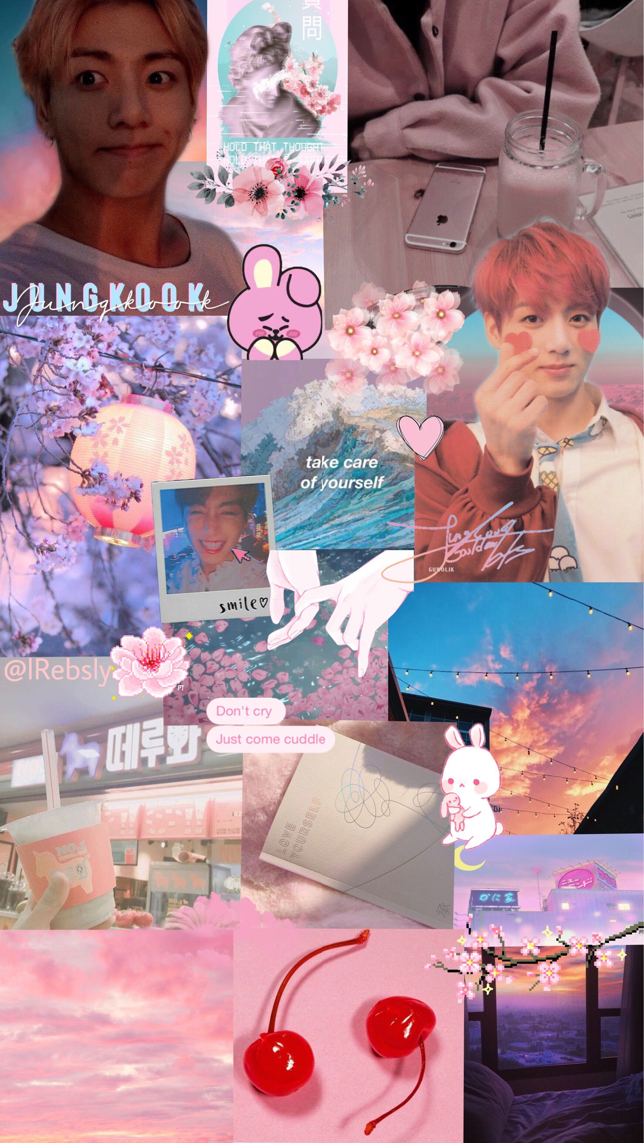 Aesthetic collage of BTS members with cherry blossoms, clouds, and the ocean - BTS, Jungkook