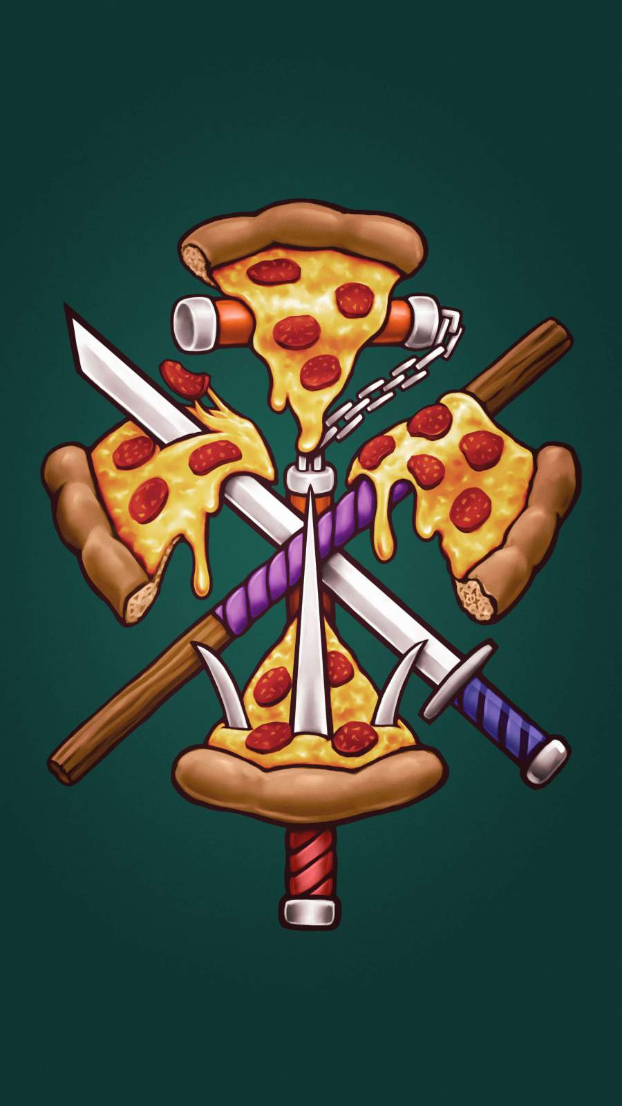 Pizza slices and pizza slices with axes on a green background - Pizza