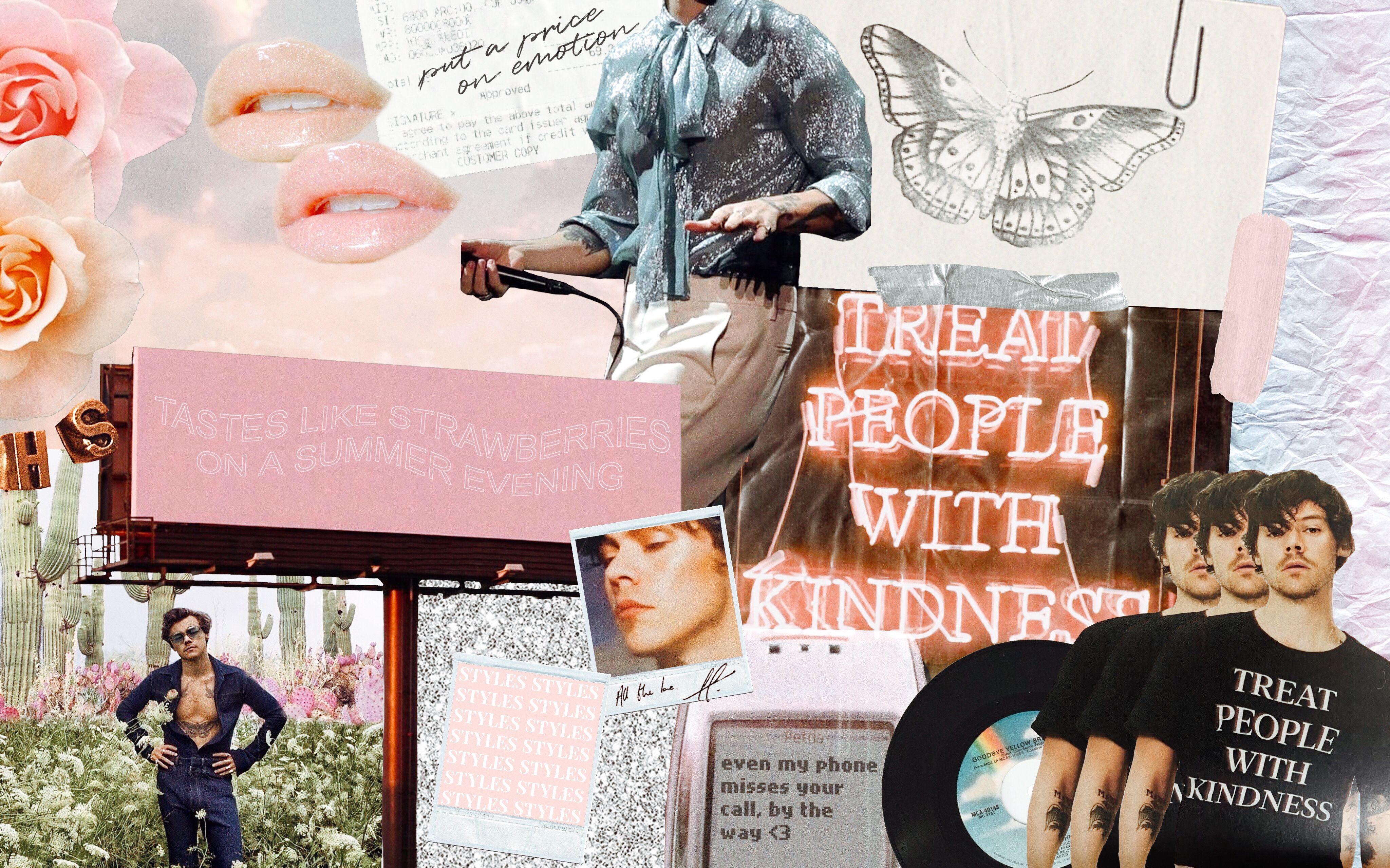 Collage of images of Harry Styles, a butterfly, and a pink sign that says 