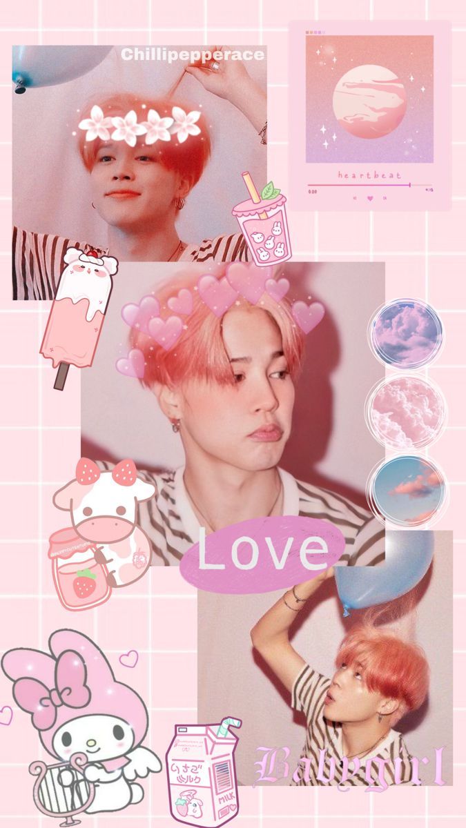 A collage of pictures with pink hair and hearts - Jimin