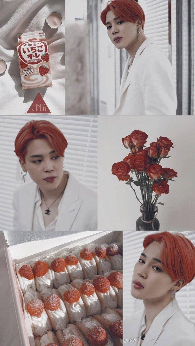 A collage of pictures with an orange haired girl - Jimin