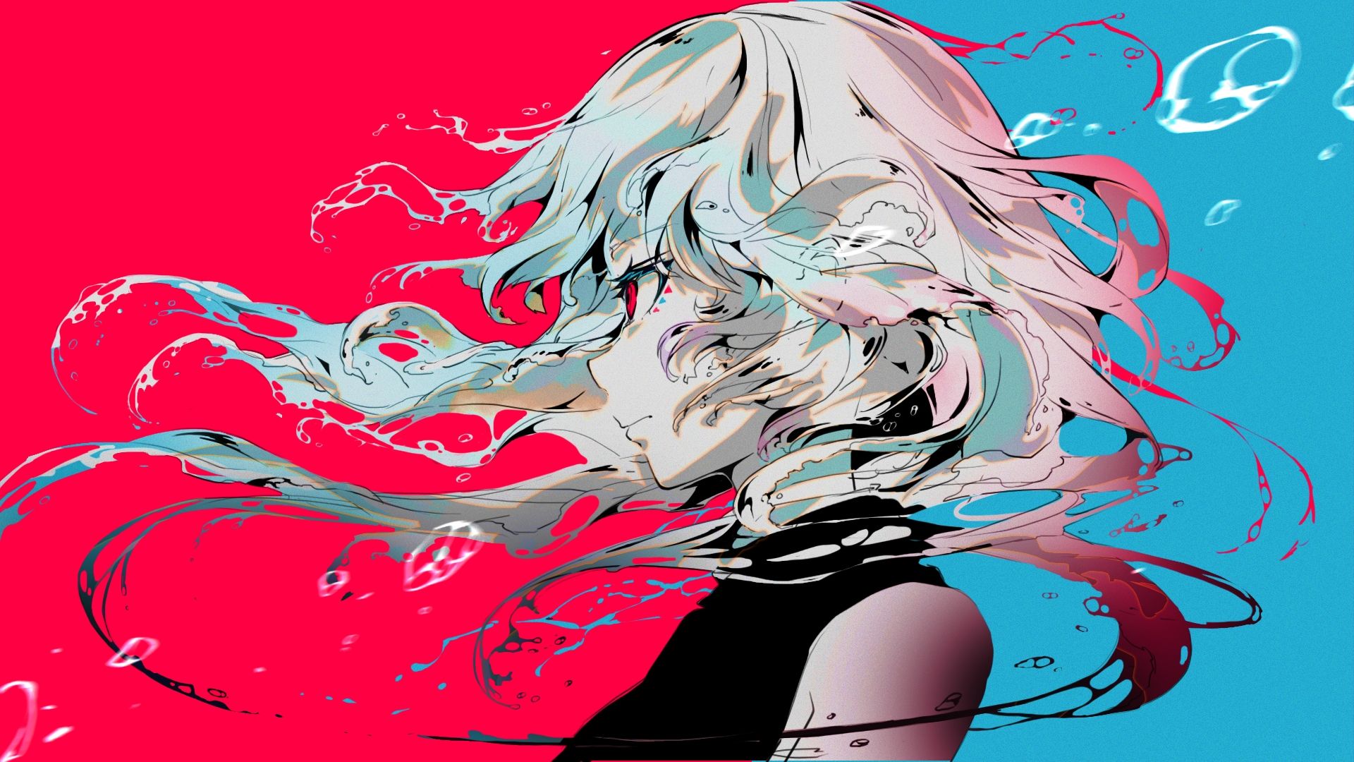 A blonde anime girl with water flowing through her hair - Blue anime
