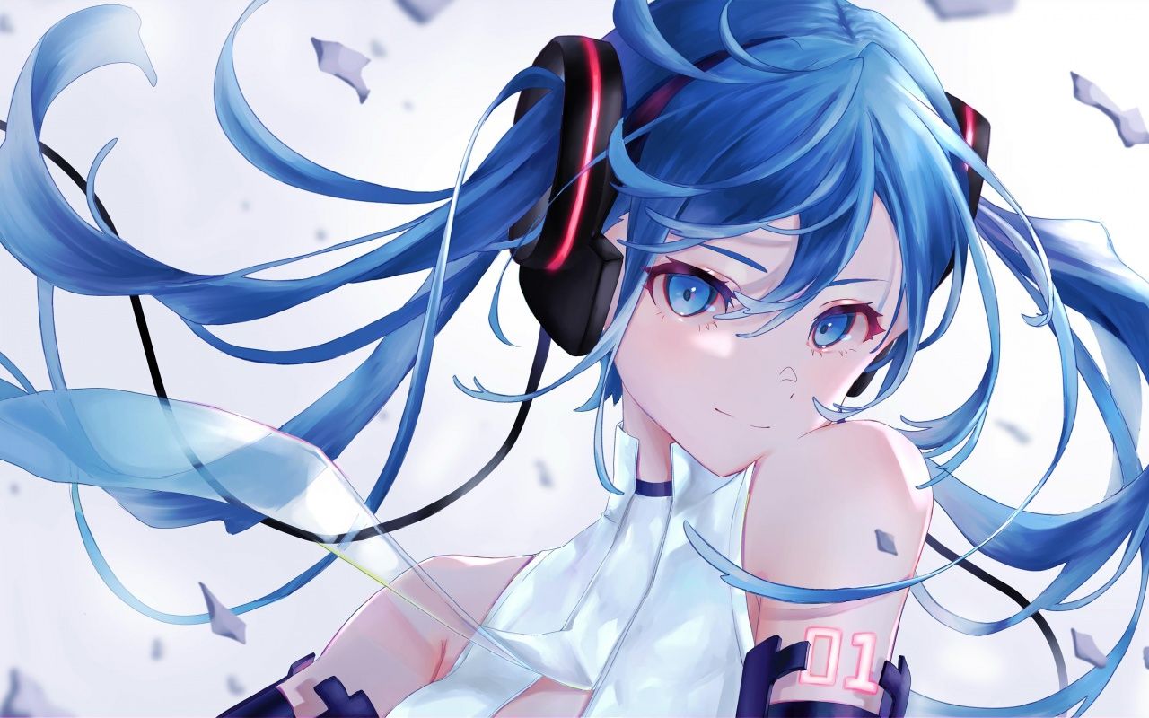 A woman with blue hair wearing headphones - Blue anime