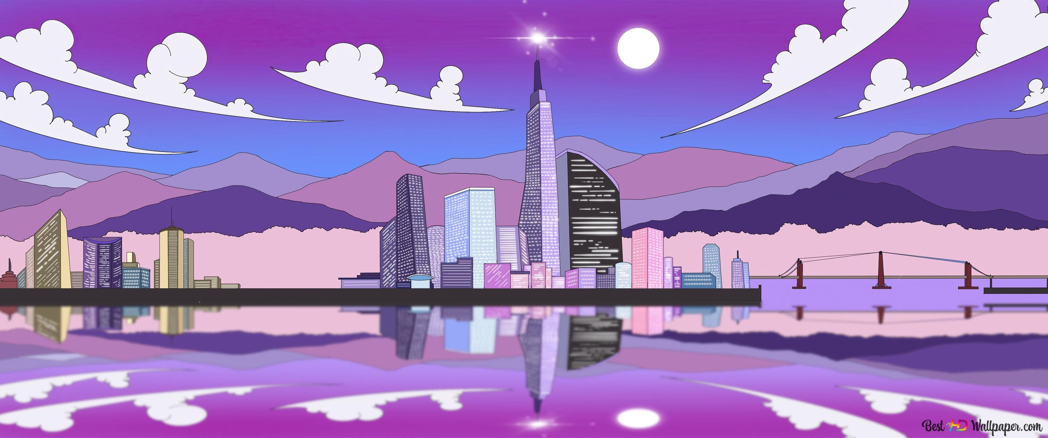 A cartoon city with mountains and water in the background - 3440x1440