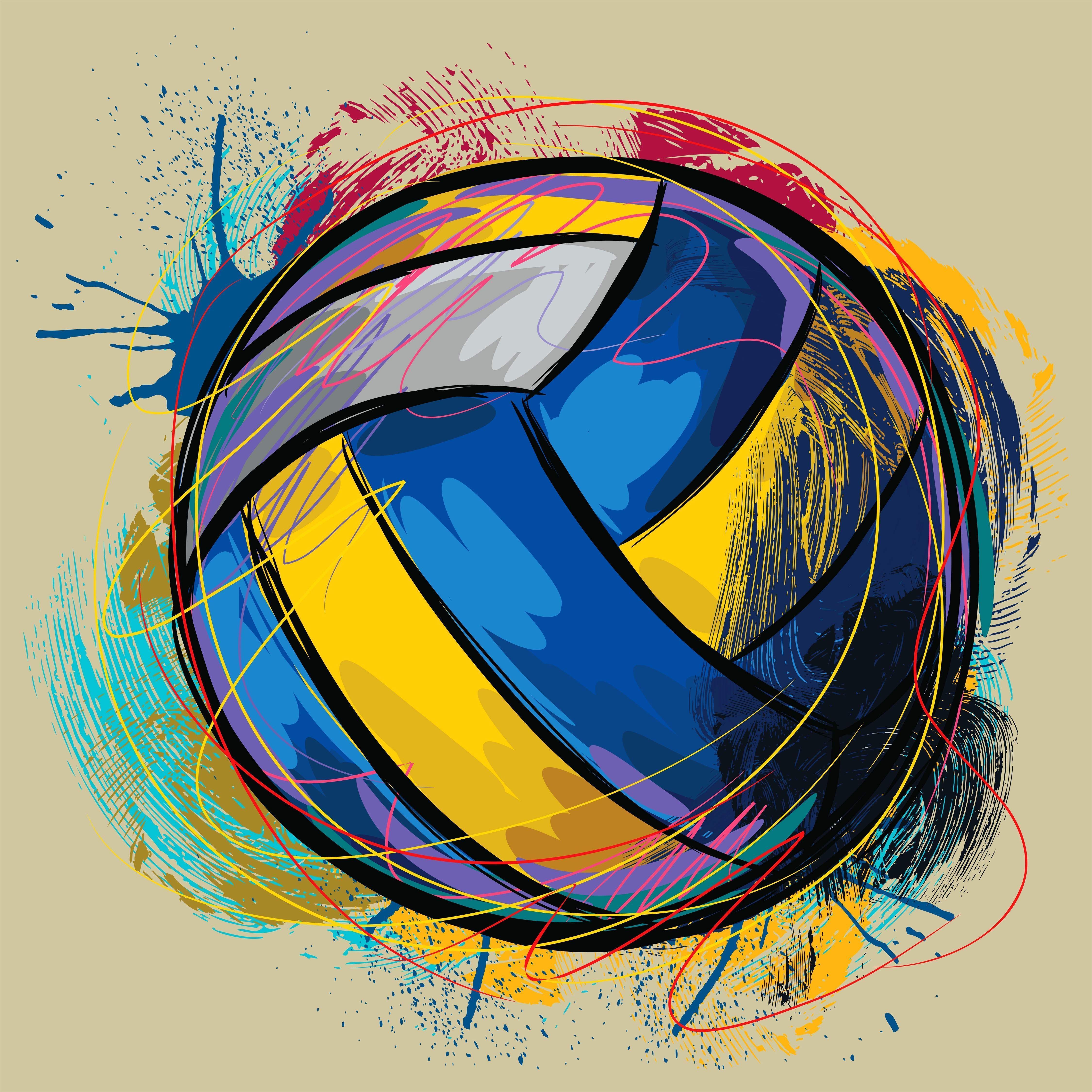 A volleyball in blue, yellow, and white, with a colorful paint splatter design around it. - Volleyball