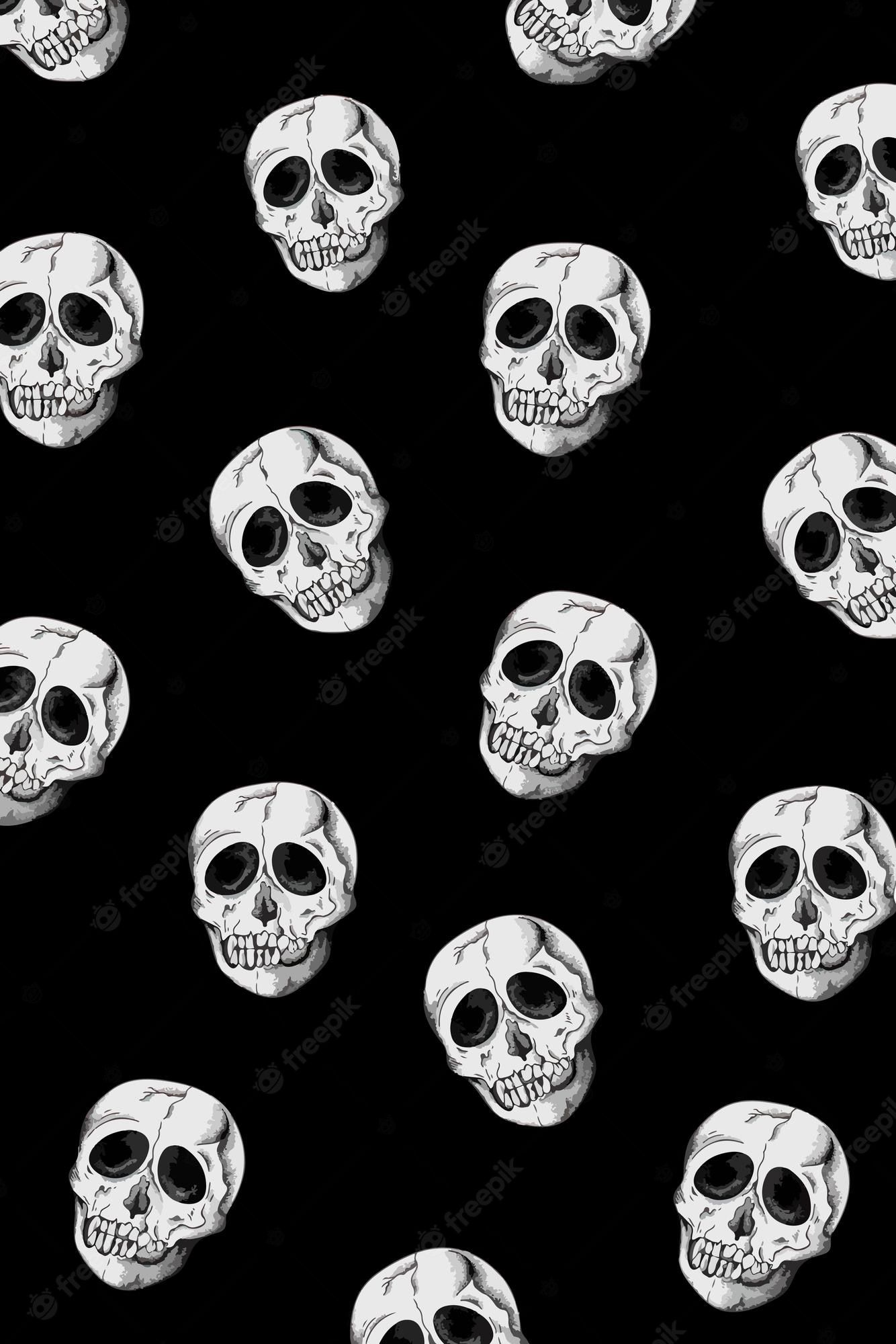 A black and white pattern of skulls on a black background - Skull