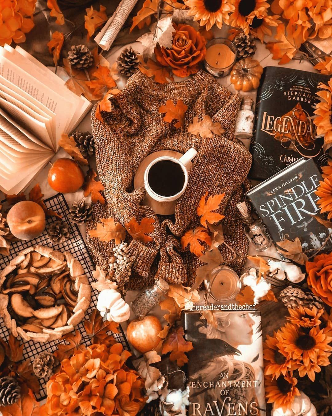 A table with books, coffee and fall leaves - Fall, cozy