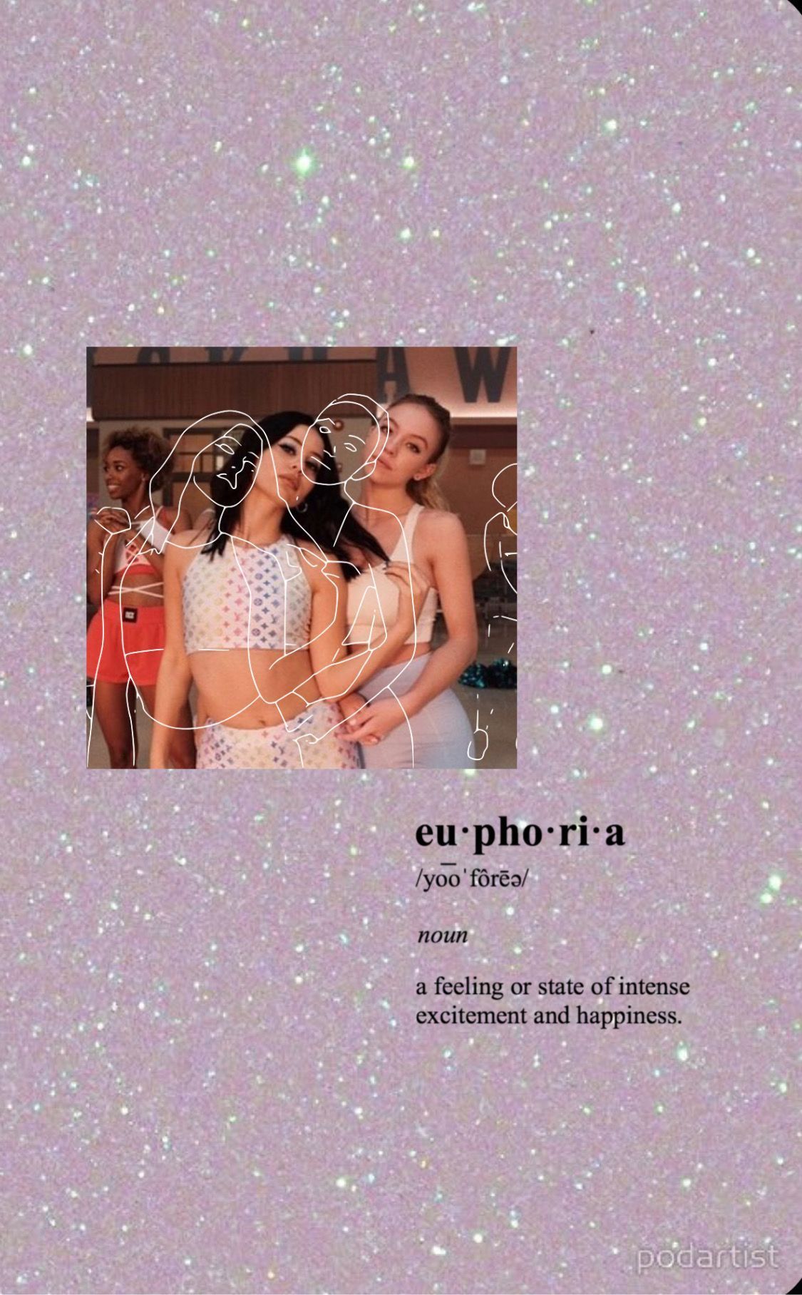 A purple glittery picture of three girls with the word euphoria written underneath - Euphoria