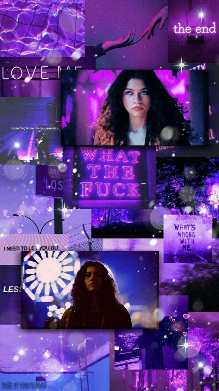 Aesthetic background of purple and blue images with a girl in the middle - Euphoria