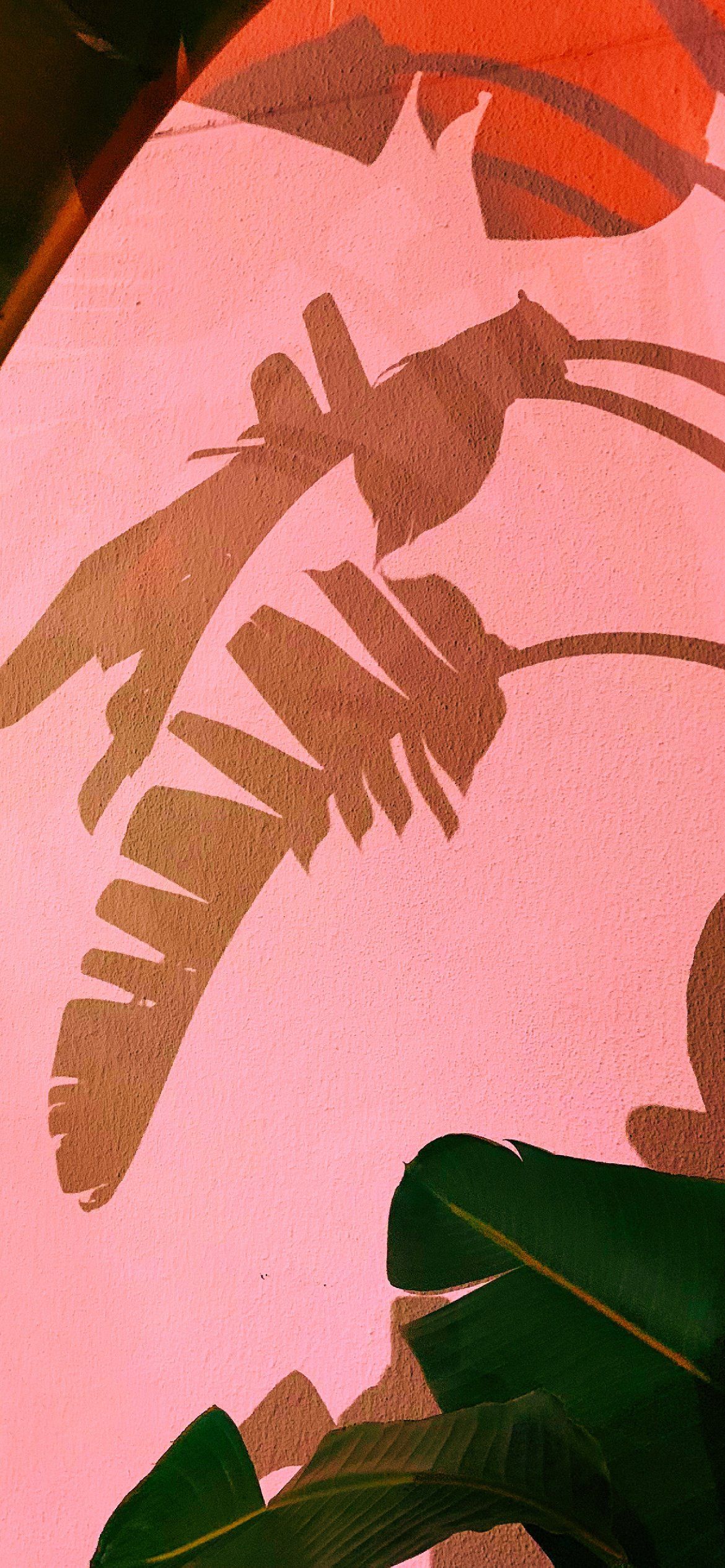 A pink wall with a painting of a leaf on it - IPhone, pink, pink phone, leaves, tropical, champagne, fall iPhone