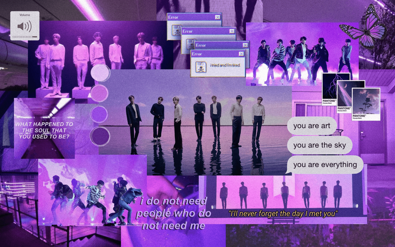 A purple and black collage of images of BTS, the words 