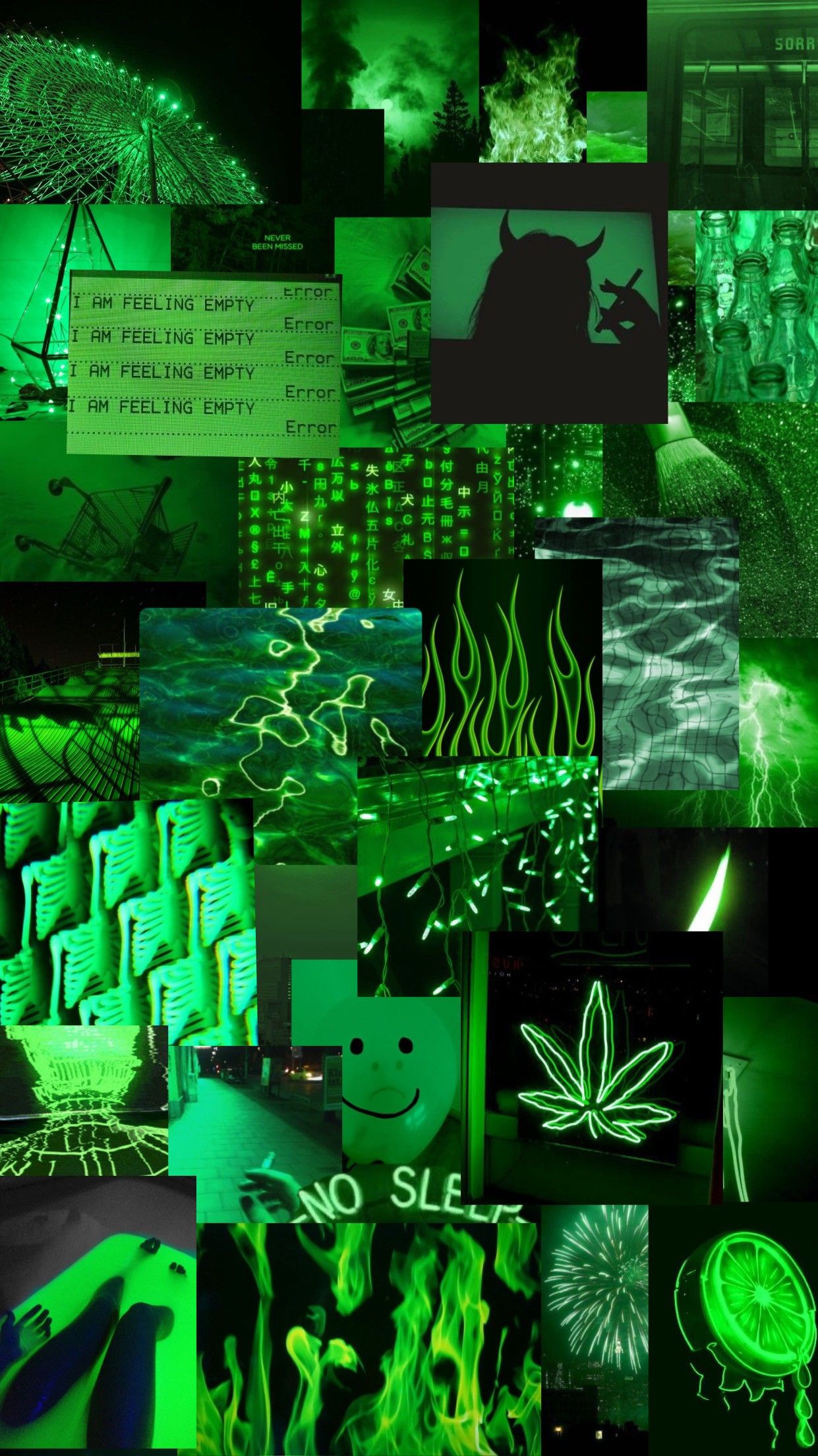 A collage of pictures with green light - Lime green, neon green
