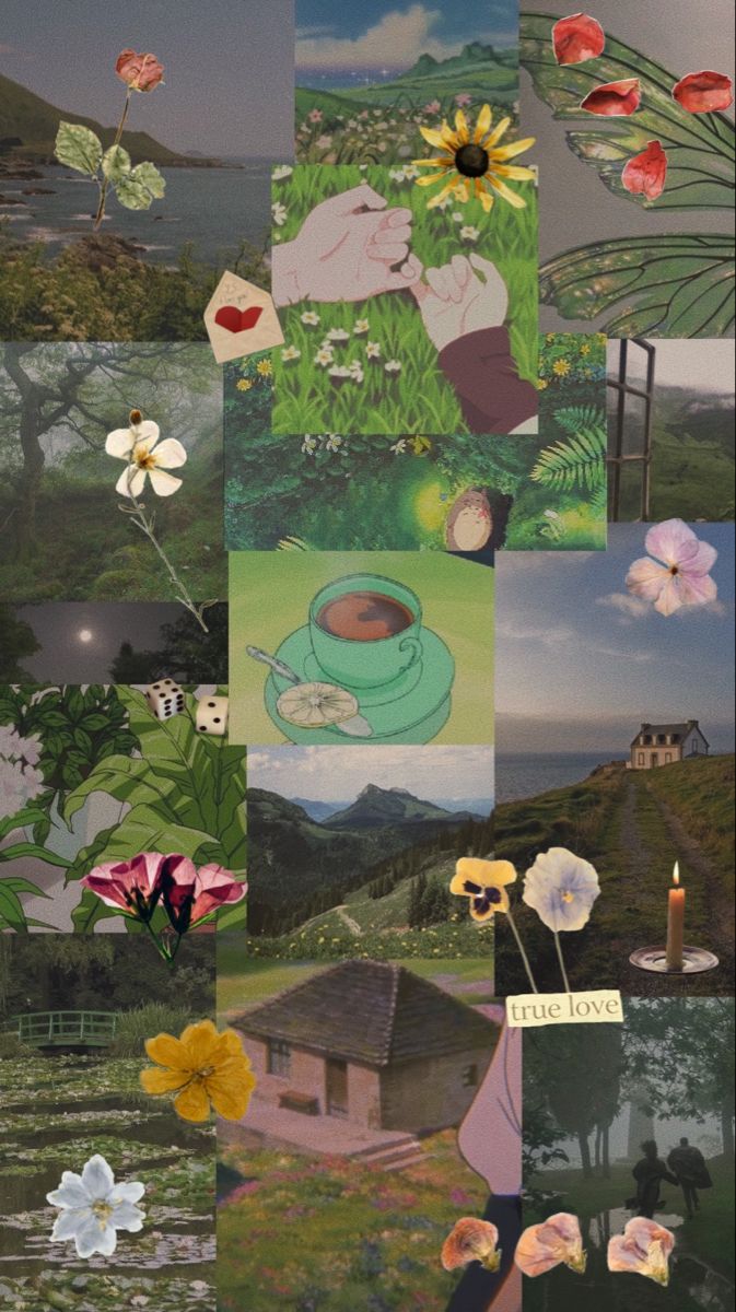 A collage of different pictures including flowers, tea, and a house. - Cottagecore, Goblincore
