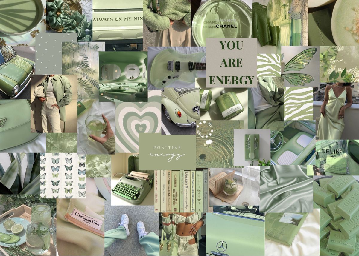 Collage of green and white aesthetic pictures including books, a heart, and a bottle - Sage green