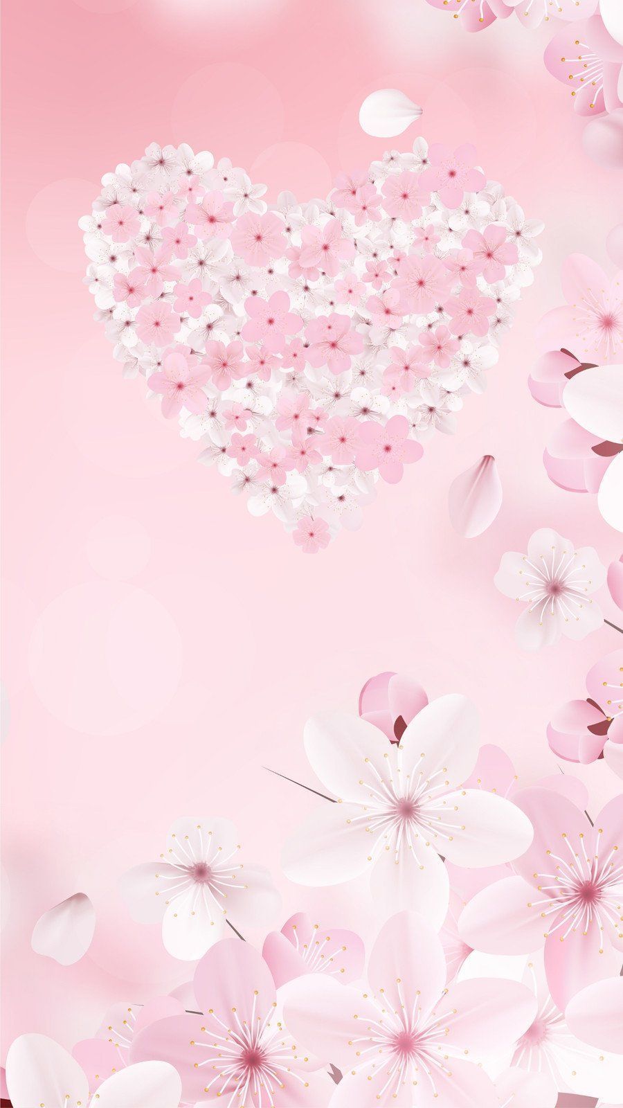 A pink heart surrounded by white and pink flowers - Spring, pink phone