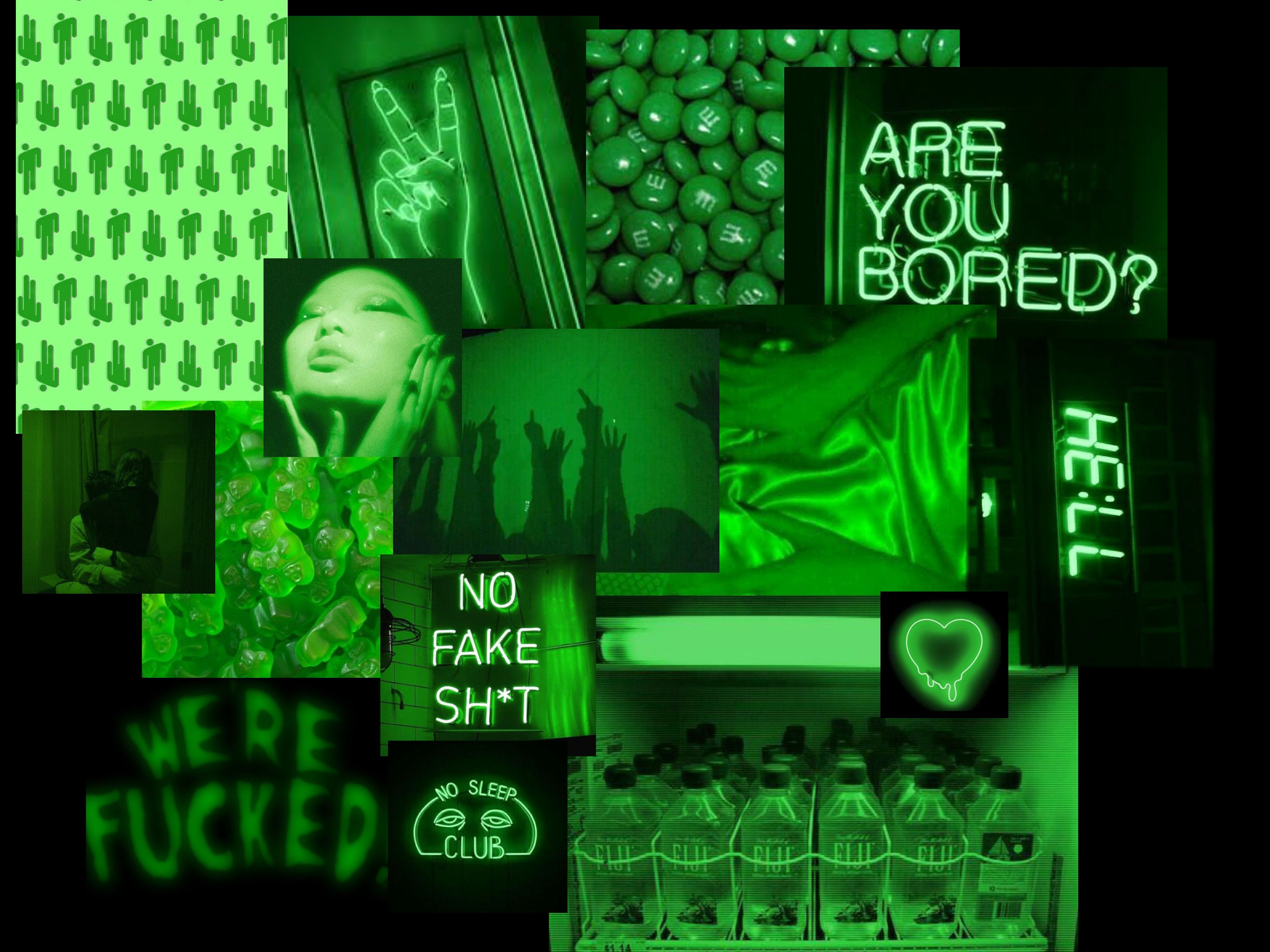 A collage of images with green text - Neon green, lime green