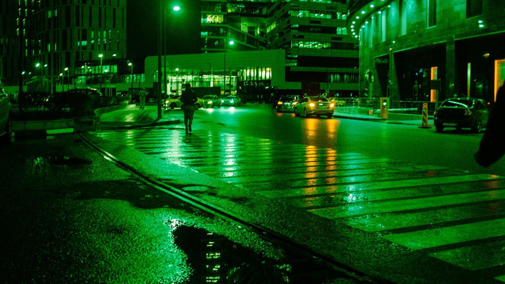 Green Lights Road Buildings Vehicles During Nighttime HD Green Aesthetic Wallpaper