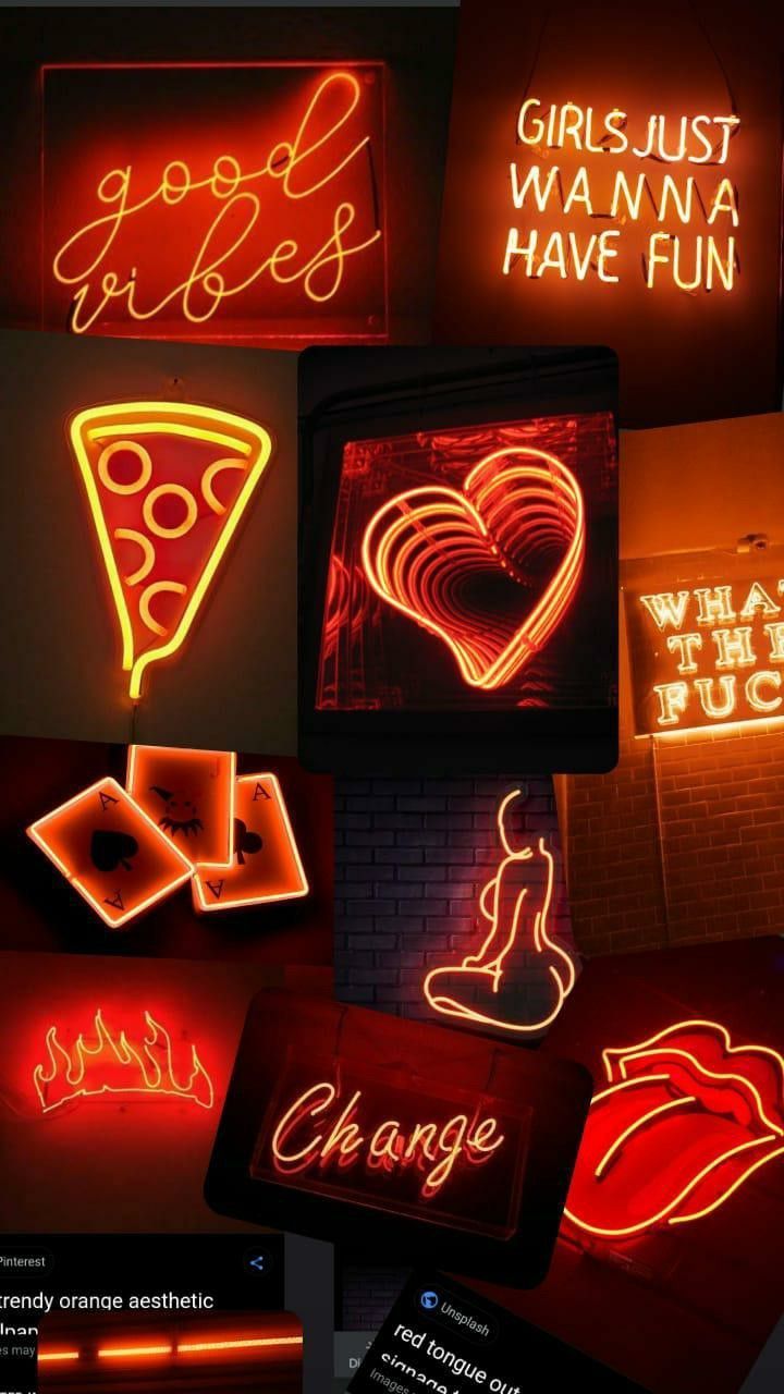 A collection of neon signs that say different things - Neon, neon orange