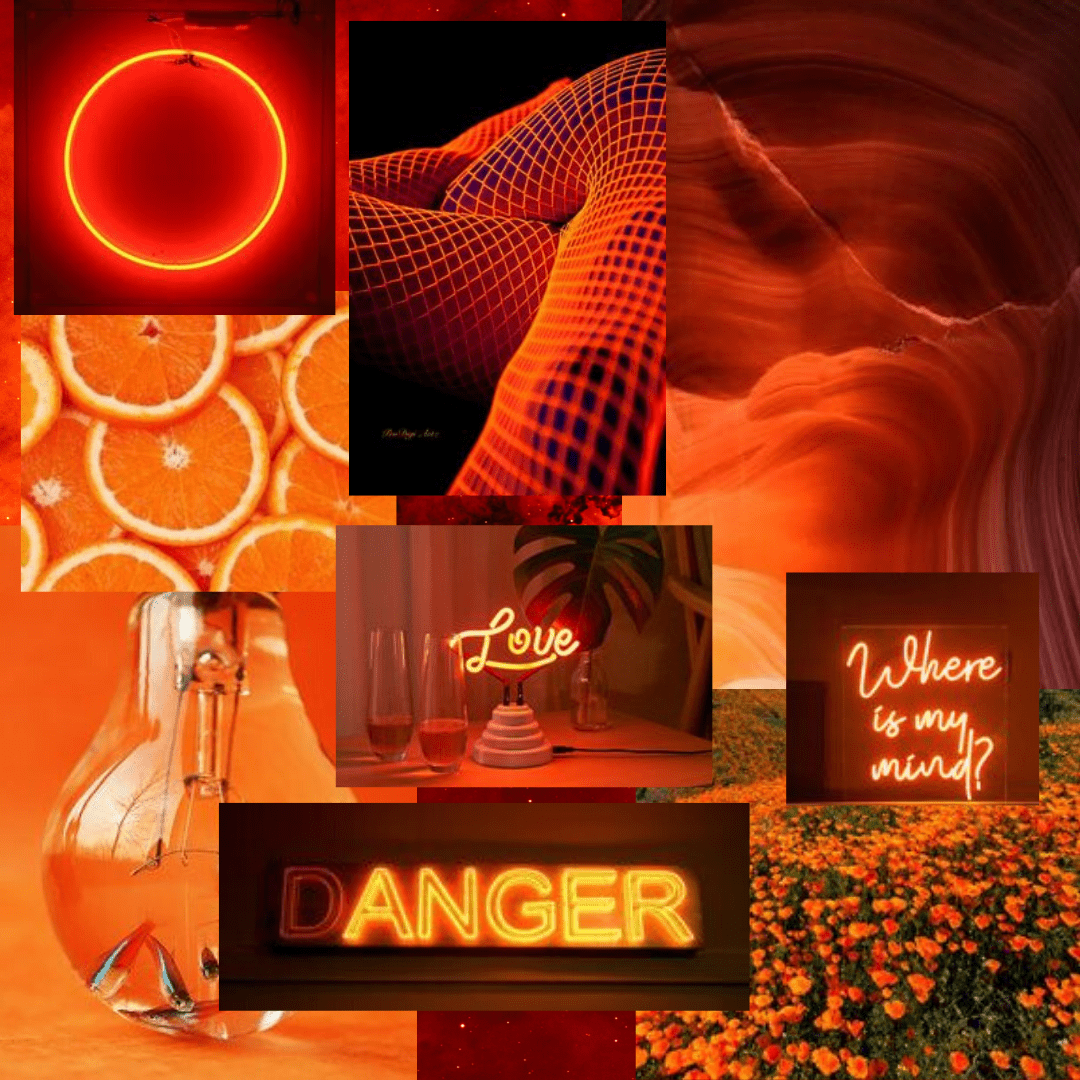 A collage of red and orange aesthetic images including danger, love, and orange flowers. - Neon orange