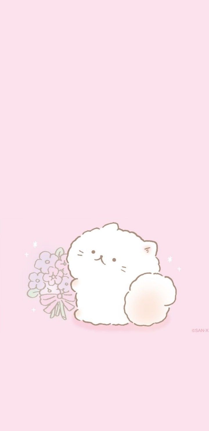 A white cat holding flowers on a pink background - Cat