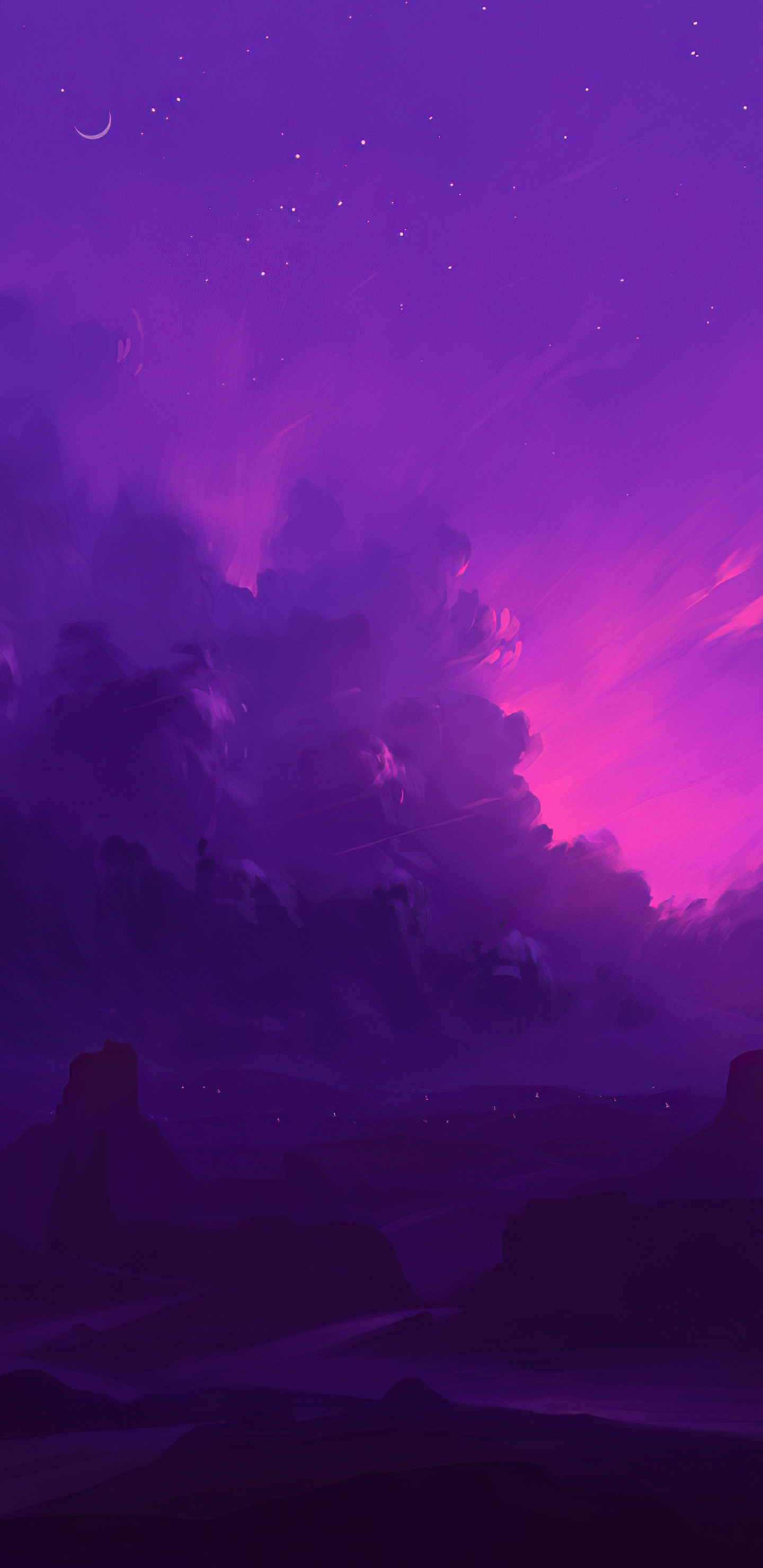 A purple sky with clouds and mountains - Hot pink, light pink