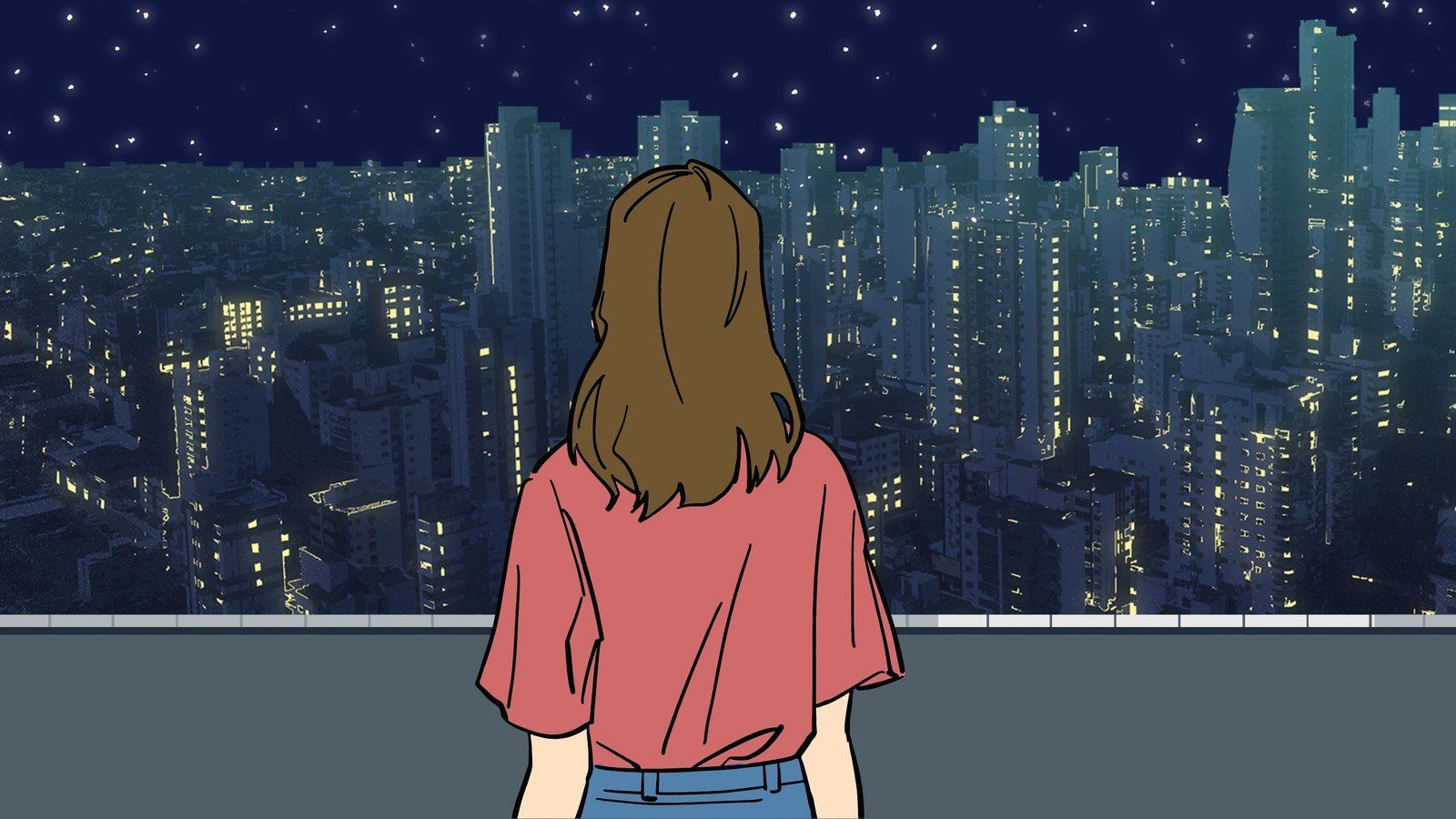 A woman stands on a rooftop looking out at the city at night. - City