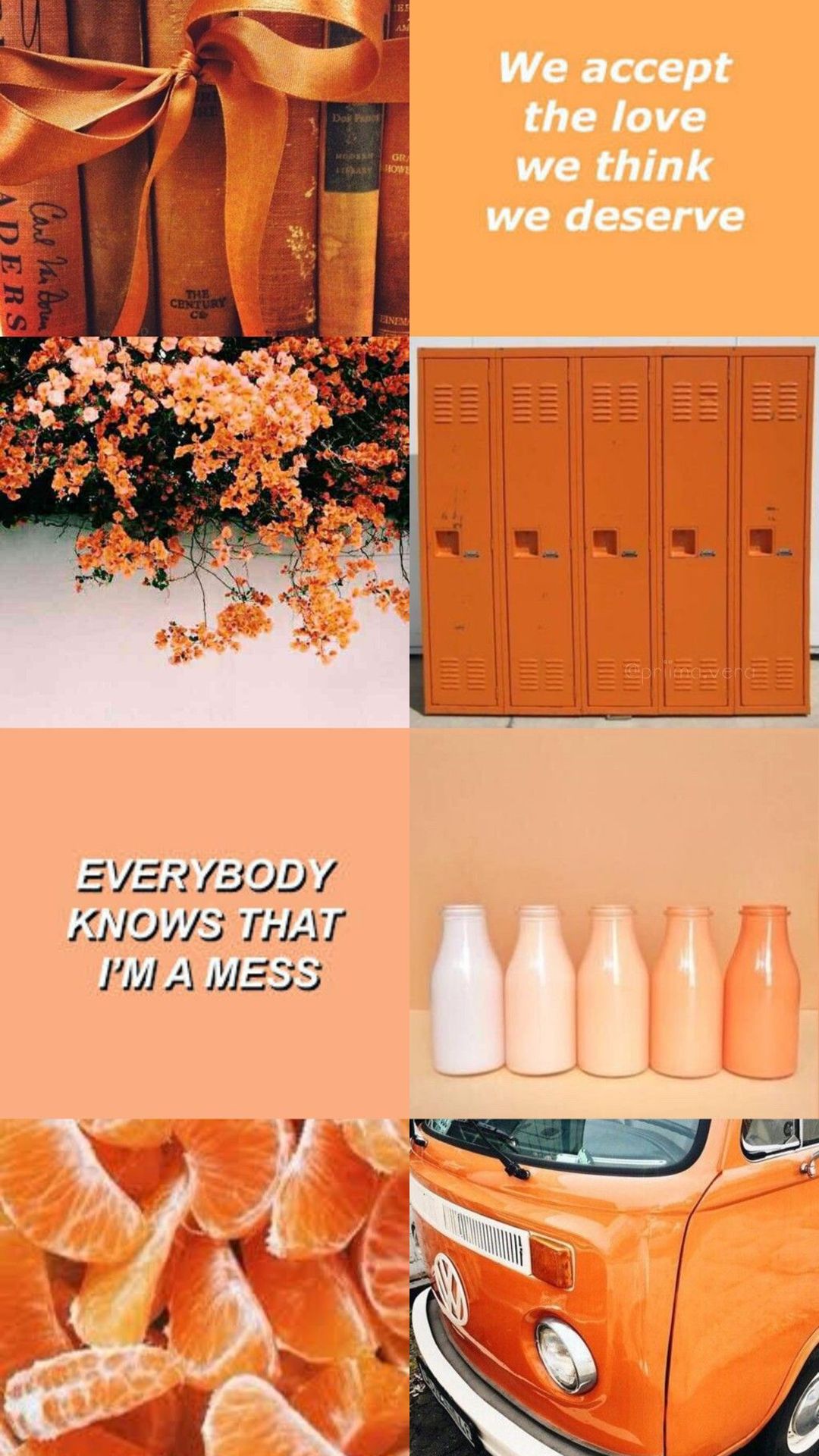 An aesthetic collage of orange and white images including books, flowers, milk cartons, and a car. - Neon orange, orange, collage, pastel orange