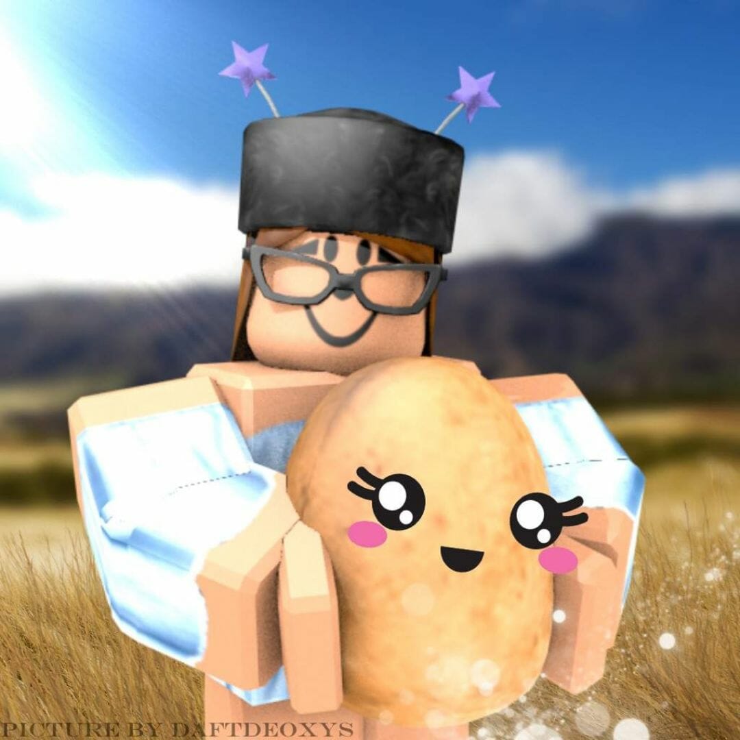 A potato with a black hat and pink stars on top of it - Roblox