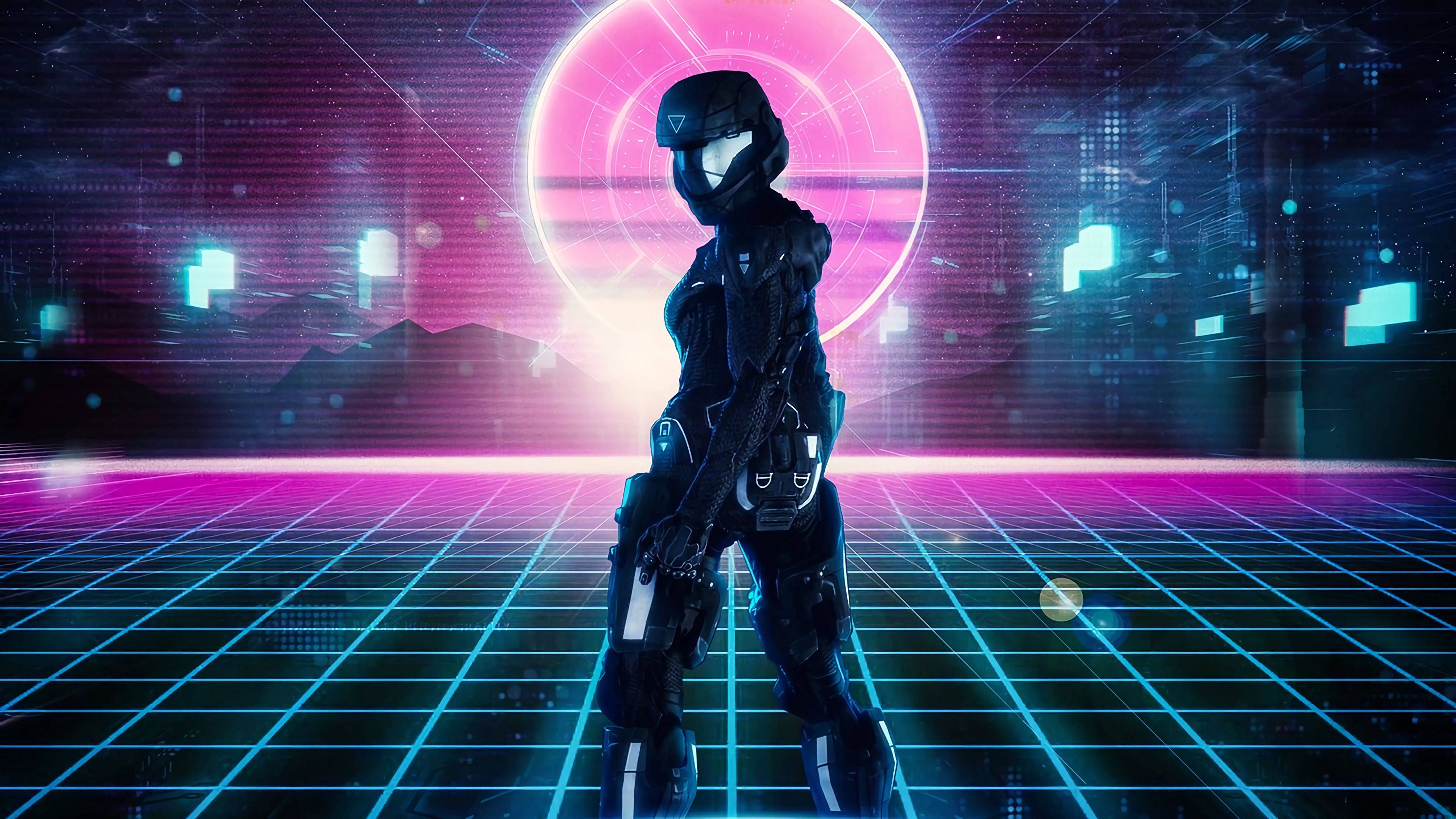 A woman in a futuristic suit stands in a neon-lit room - Cyberpunk