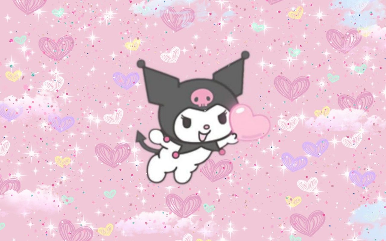 Kuromi with a pink bubble gum on a pink background - Sanrio