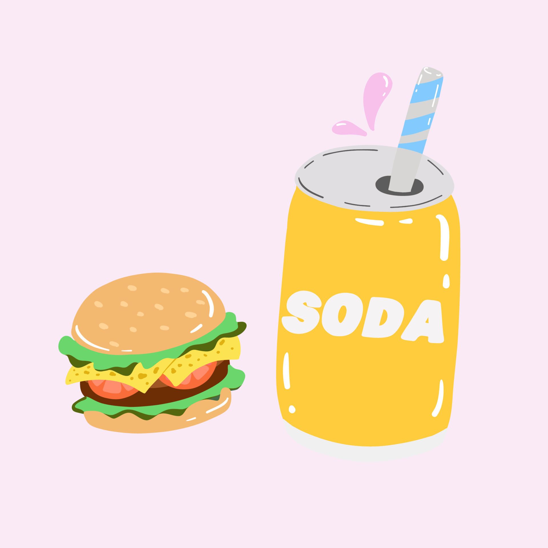 A hamburger and soda are shown together - Food