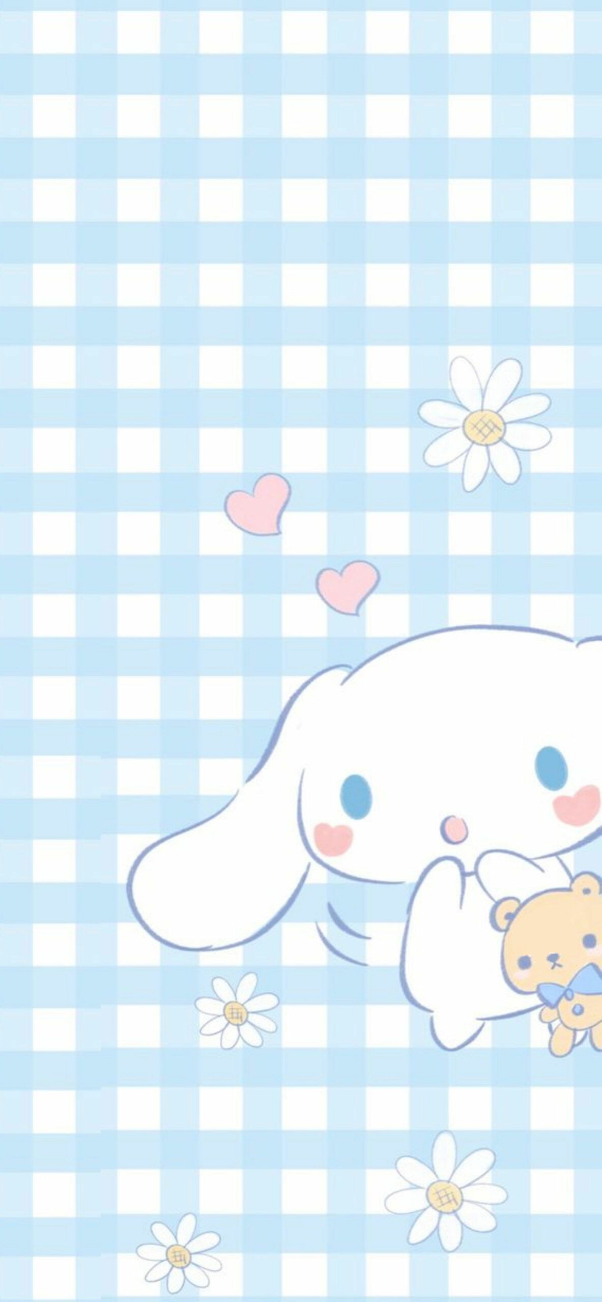 Sanrio characters on a blue and white checkered background - Cinnamoroll, Sanrio