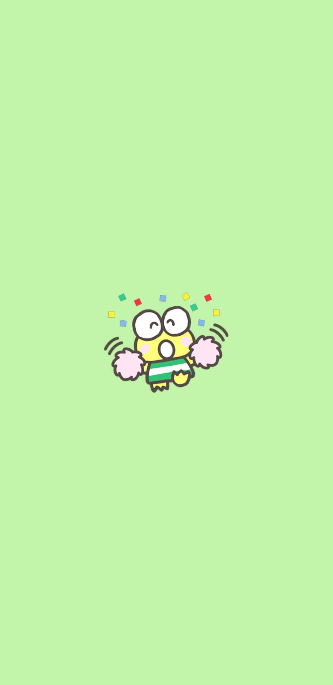 A green phone wallpaper with a cartoon character of a frog wearing a striped shirt and pink shoes. - Sanrio
