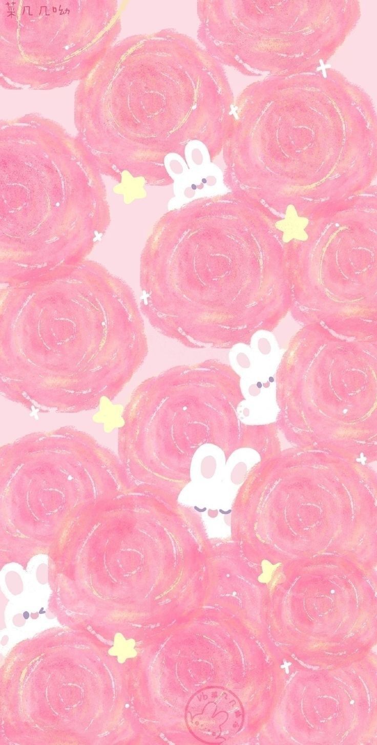 Pink wallpaper with cute white bunnies and yellow stars. - Sanrio