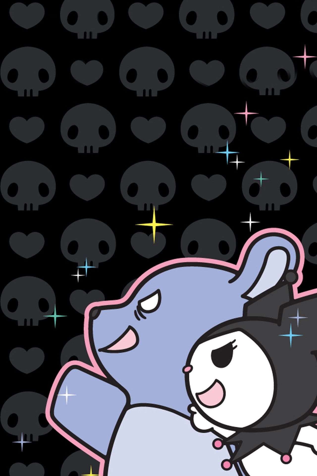 IPhone wallpaper with cute rabbit and panda in front of a black background with skulls - Kuromi, Sanrio, Keroppi