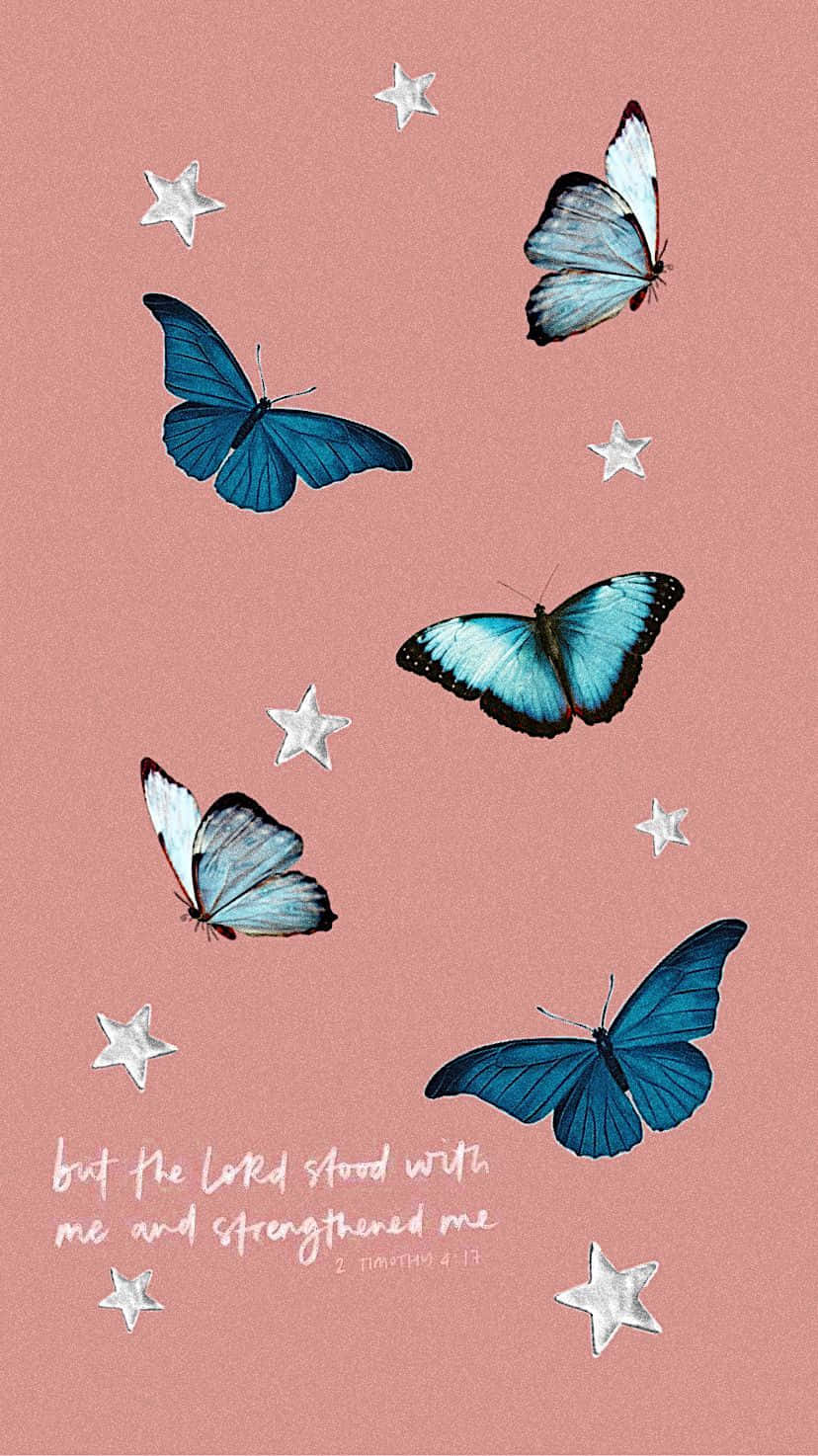 Blue butterflies on a pink background with white stars and a verse from the Bible. - VSCO