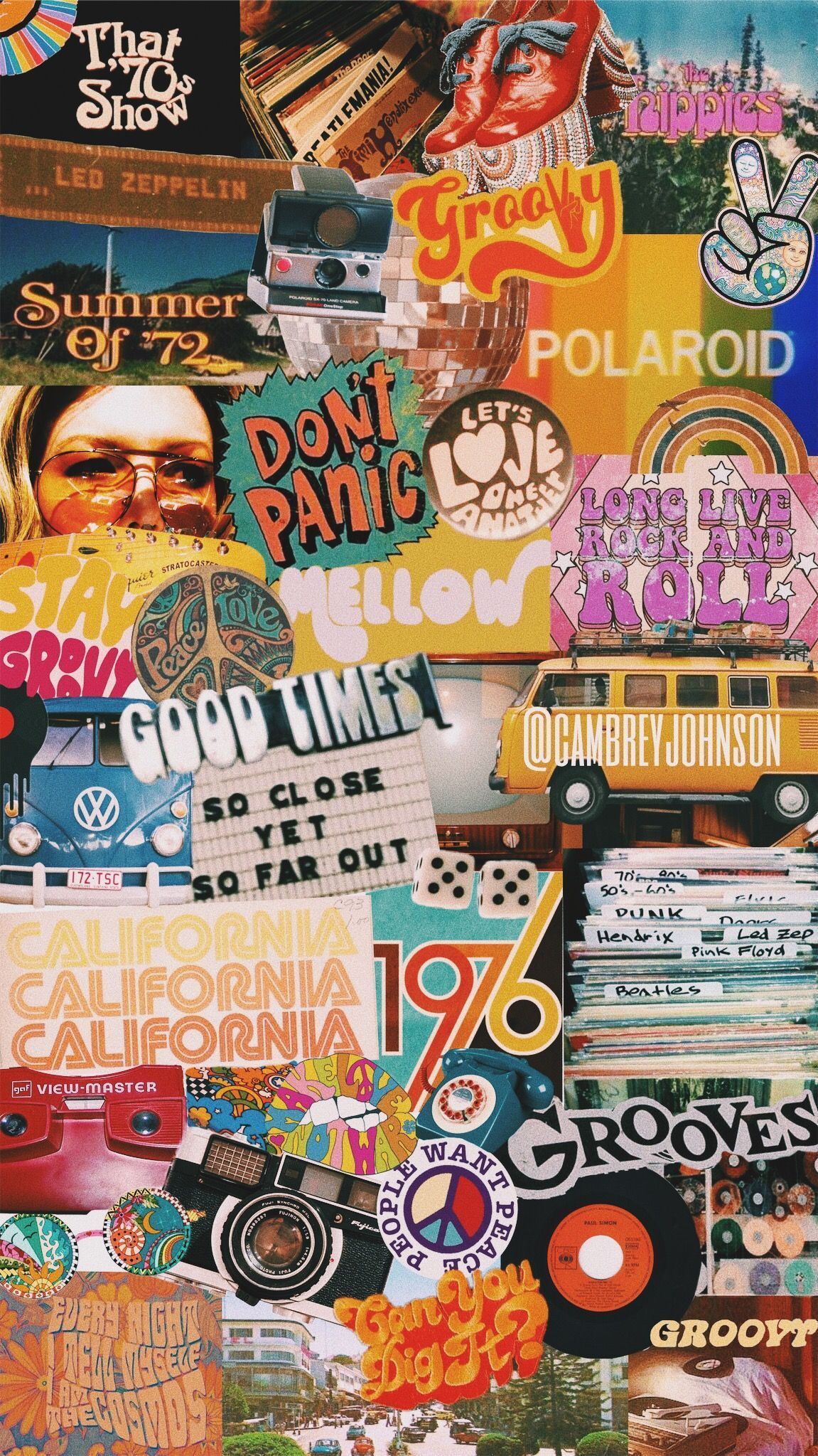 A collage of many different stickers and postcards - VSCO, vintage, punk, phone, rock, retro, vintage fall, California, 60s, 70s, 80s