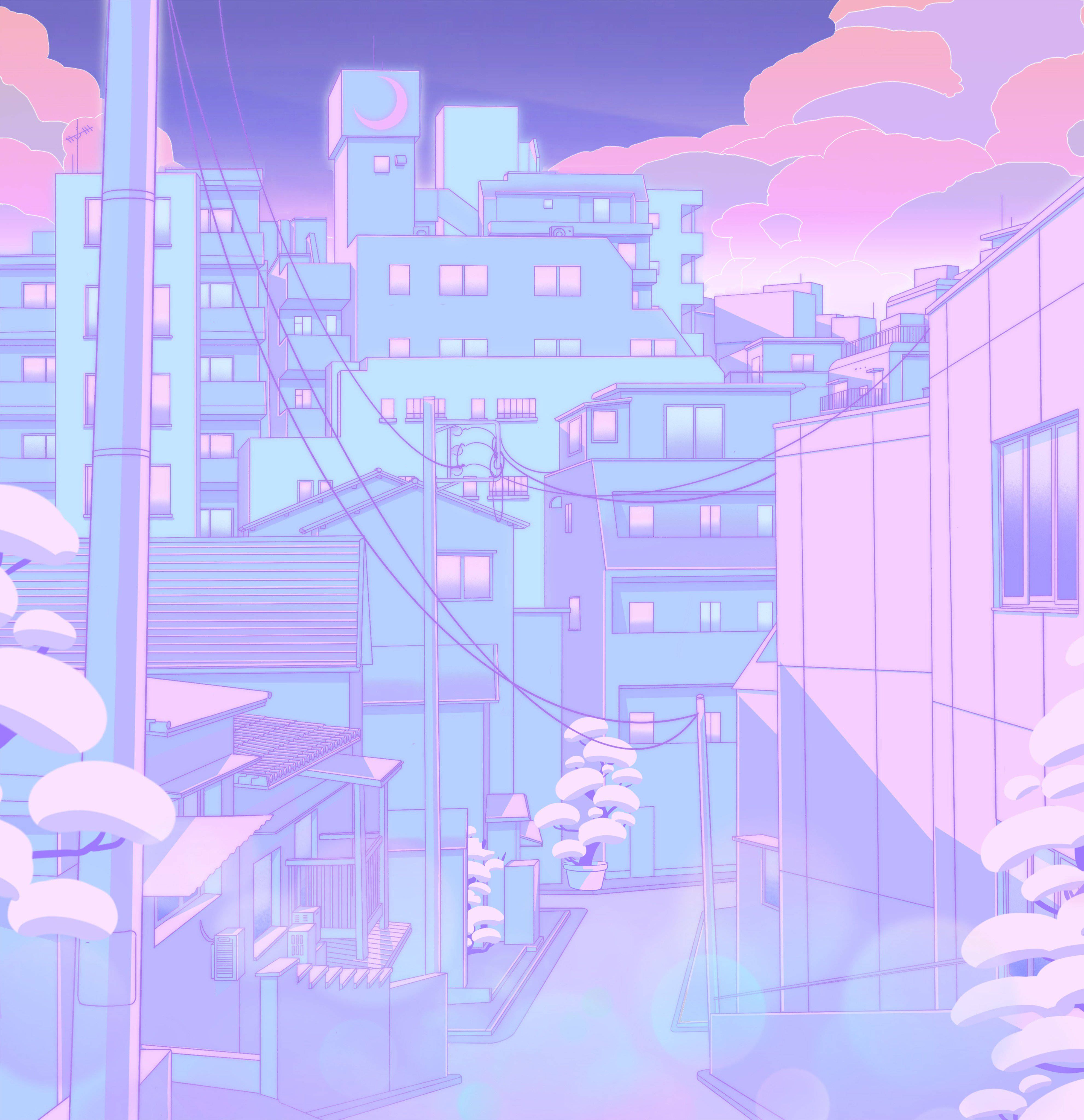 A city with buildings and trees in the background - Anime, pastel, anime city