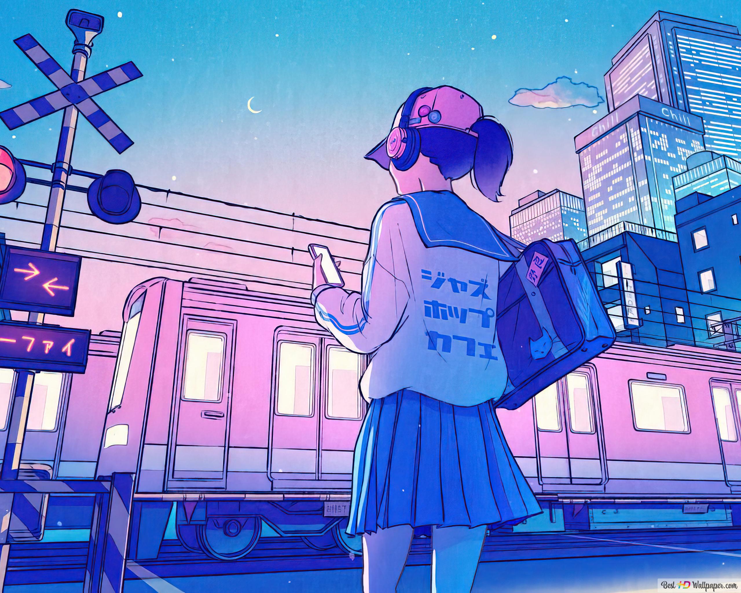 Anime Girl Art Train Night City 4K wallpaper download