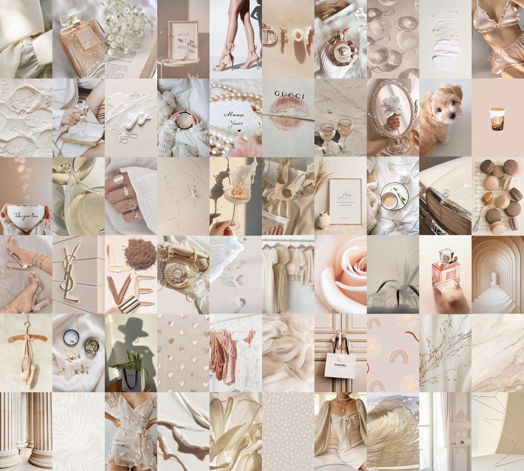 A collage of images in beige, white, and gold tones. - Collage