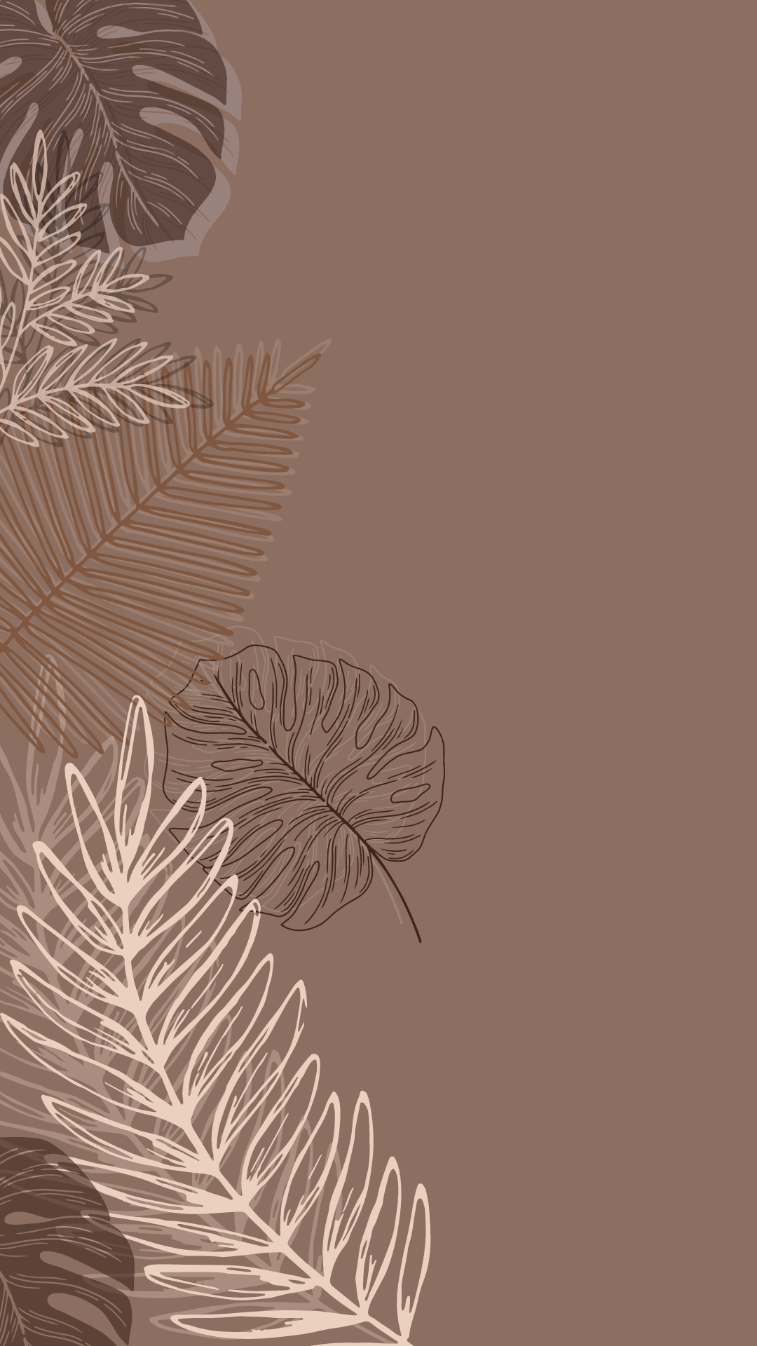 A brown background with palm leaves in the top left corner and a plant with roots in the bottom right corner. - Minimalist