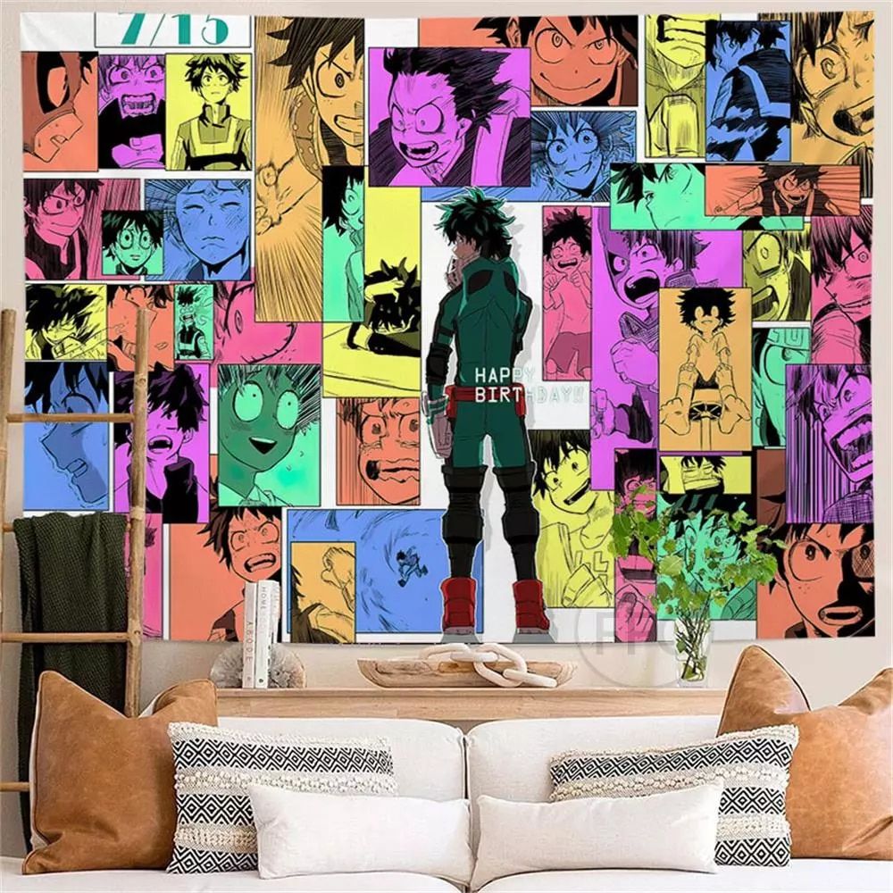 My Hero Academia Deku Wall Hanging Tapestry for Room Decoration - Get ready to dominate the scene with this vibrant and colorful My Hero Academia Deku wall hanging tapestry. Perfect for adding a pop of color to any room, this tapestry features Deku's iconic design in a vibrant color palette. Whether you're a fan of the anime or just love bold, statement-making decor, this tapestry is sure to make a splash in your home. - Funny