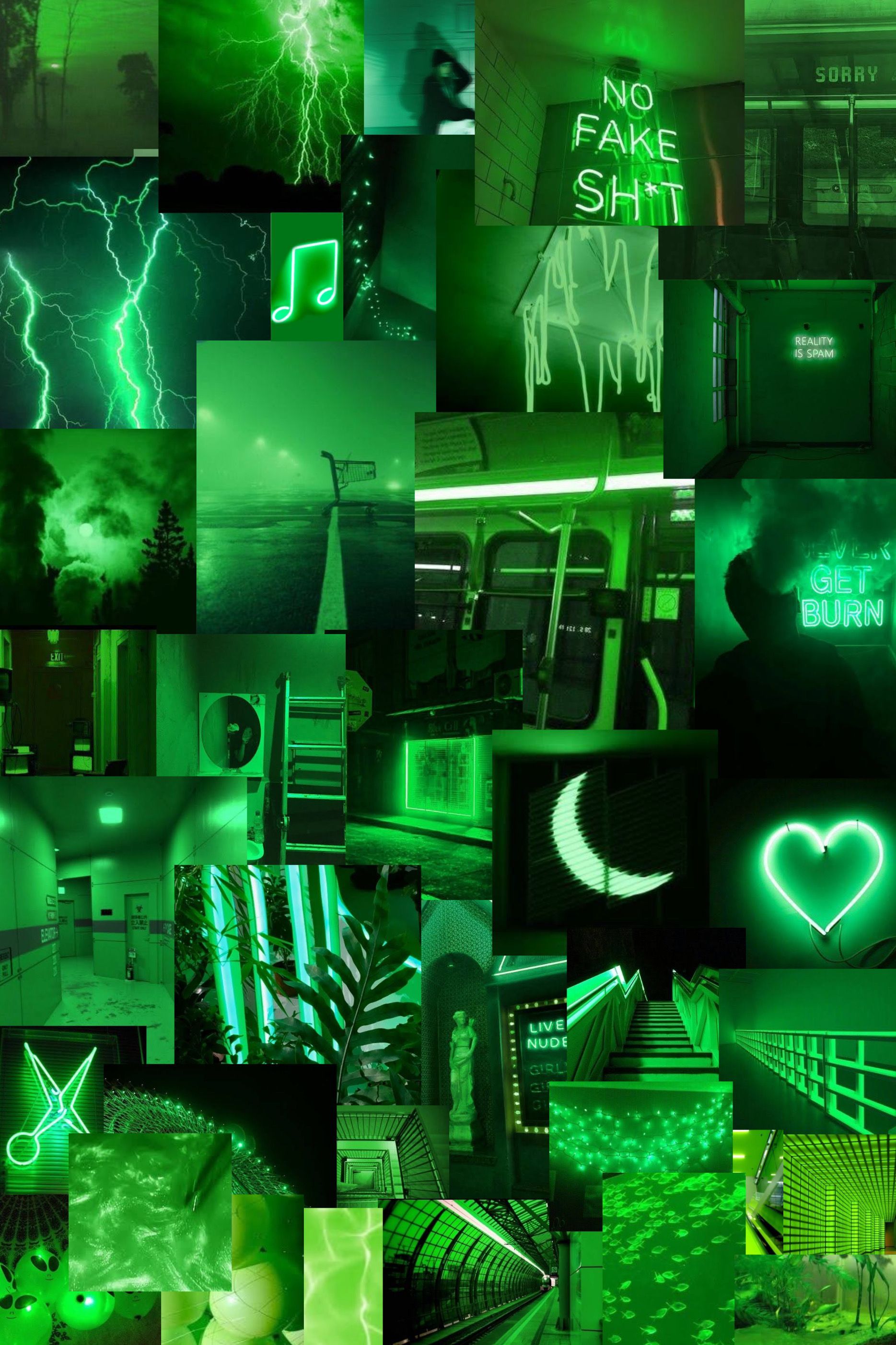 A collage of pictures with green lighting - Green, neon green, lime green