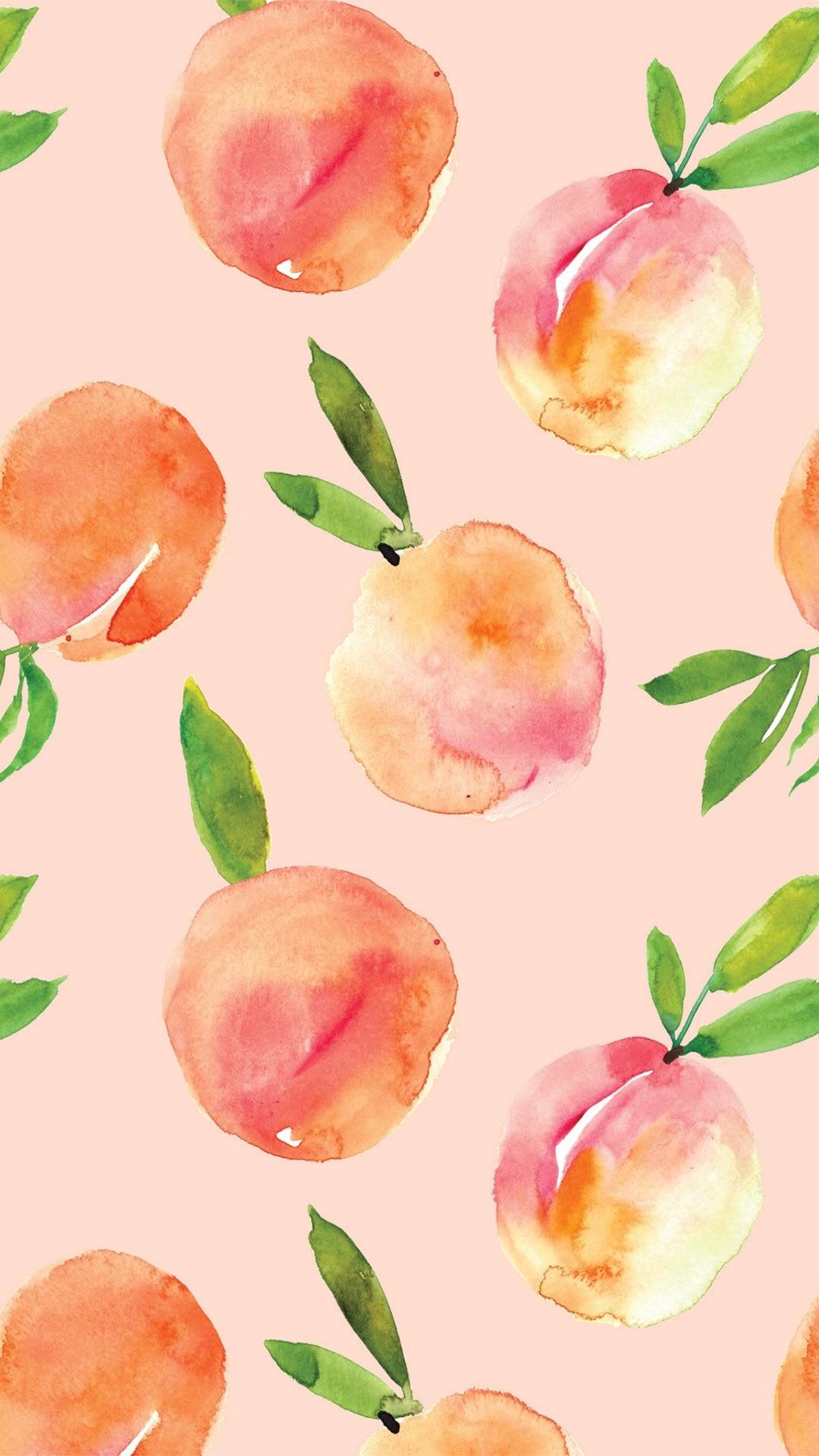 IPhone wallpaper with watercolor peach illustrations on a pink background - Fruit