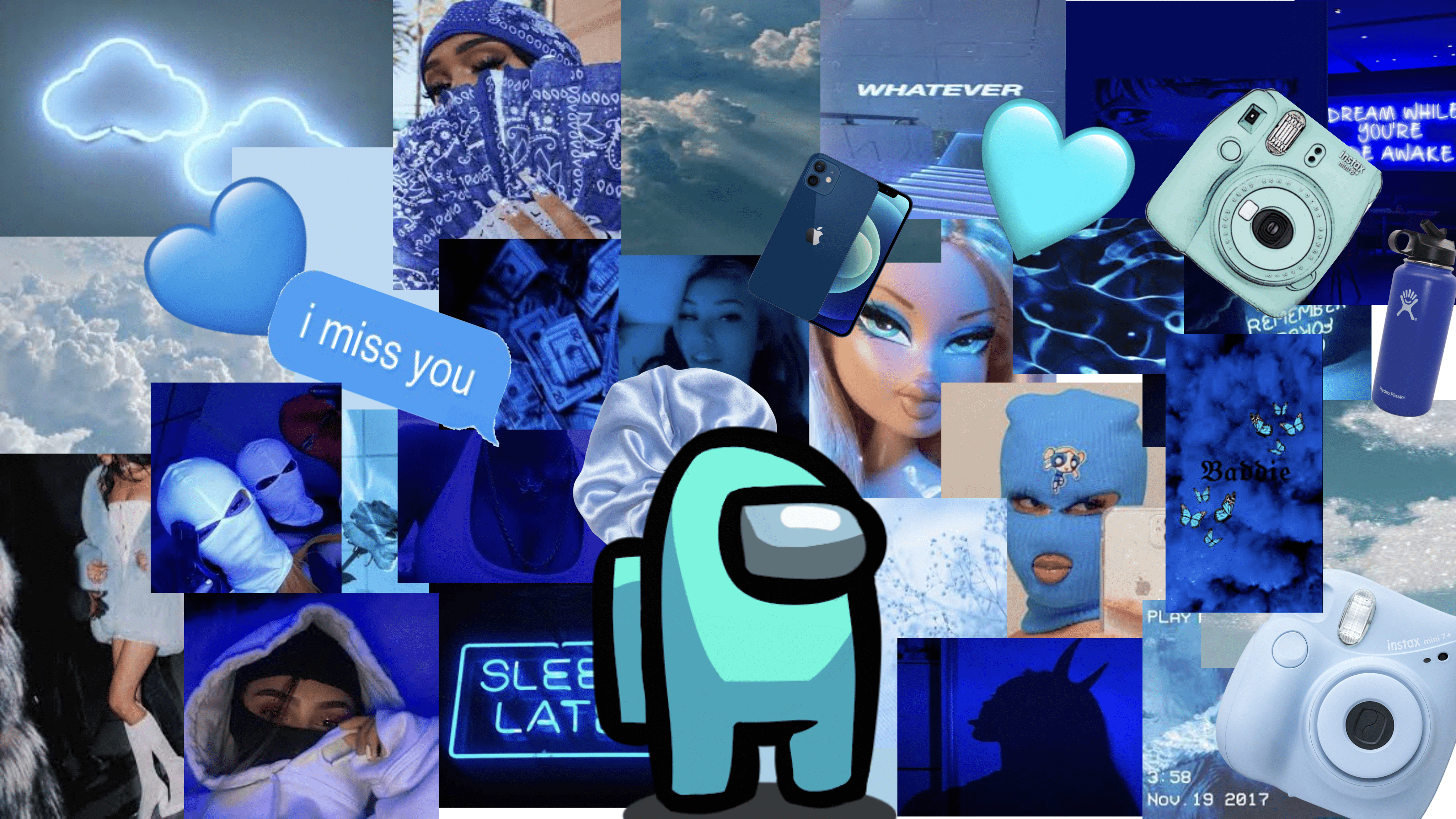 A collage of blue aesthetic pictures including a polaroid, a blue heart, and the words 