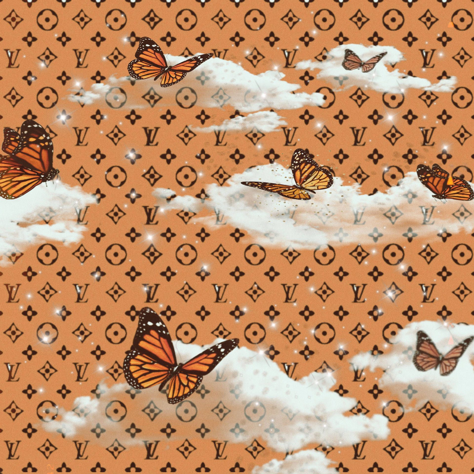 A pattern of Louis Vuitton logos, butterflies, and clouds - Louis Vuitton