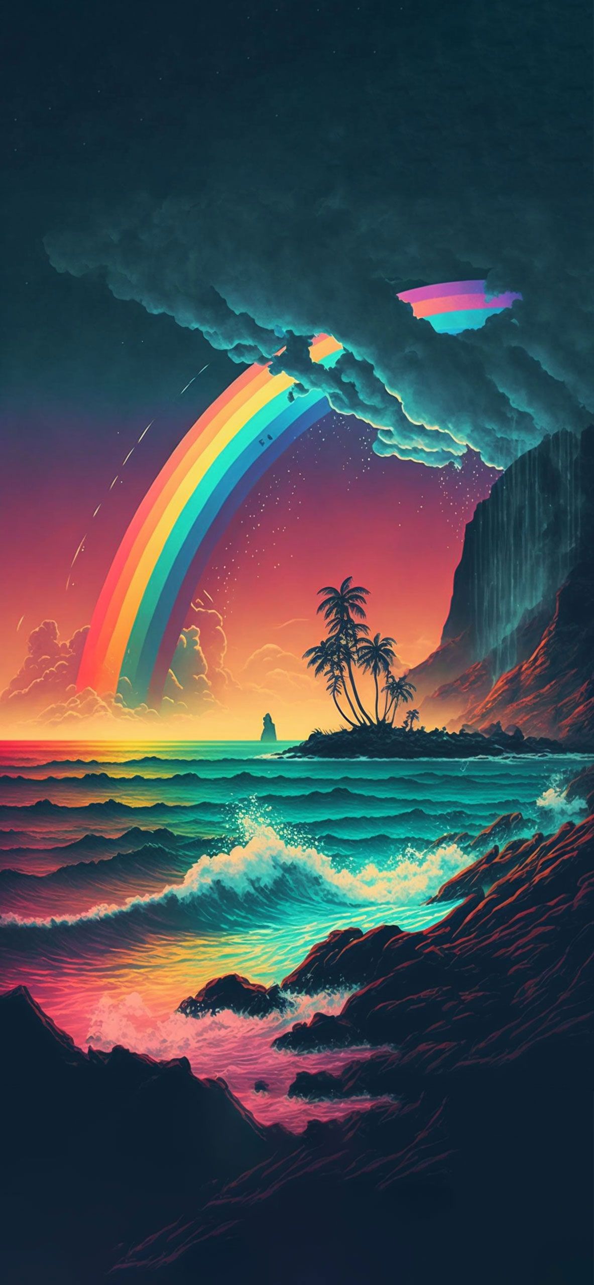 A painting of the ocean with rainbow and clouds - Hawaii