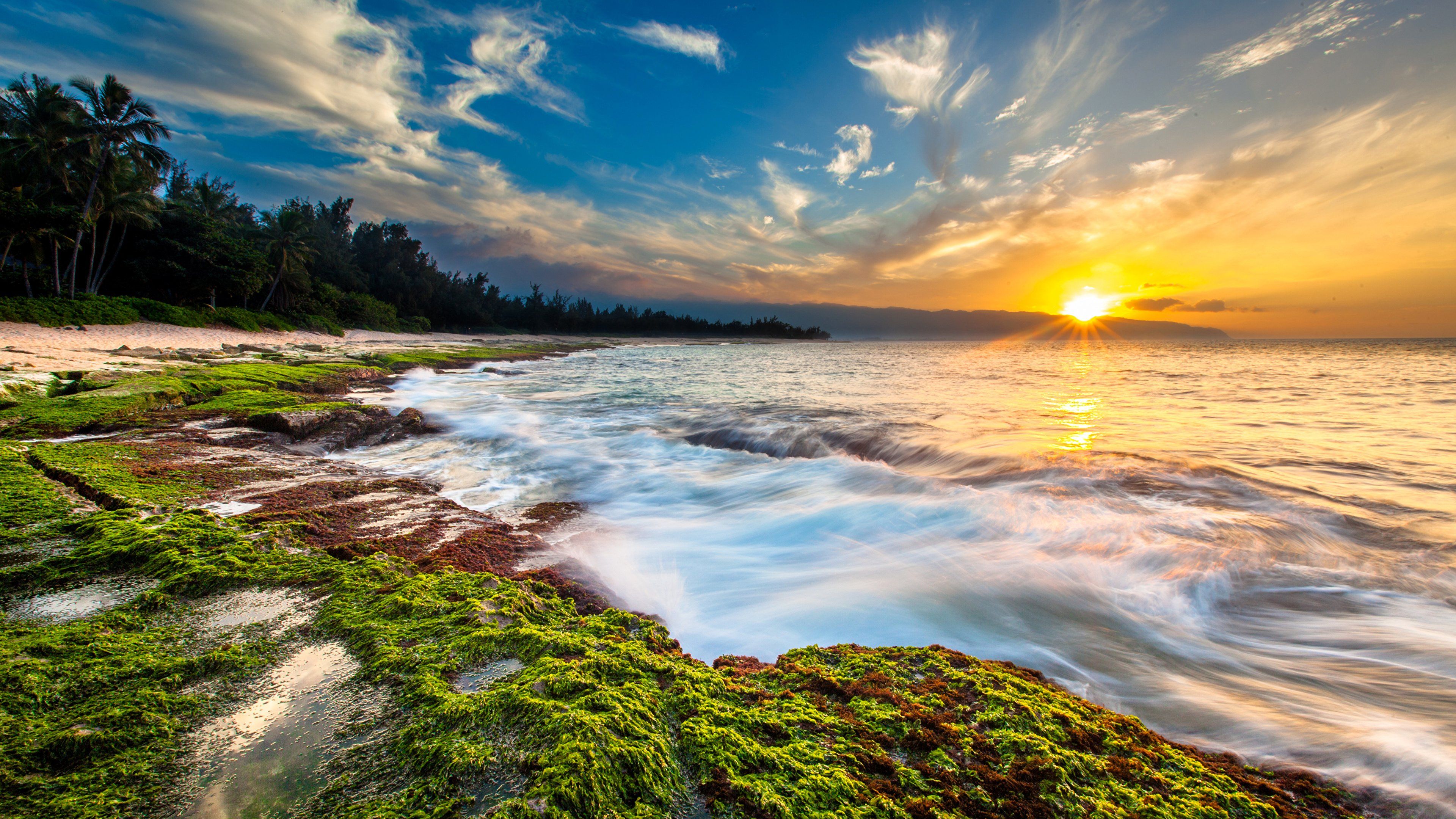 Image of a rocky beach with a green mossy rock in the foreground and the sun setting in the background. - Hawaii