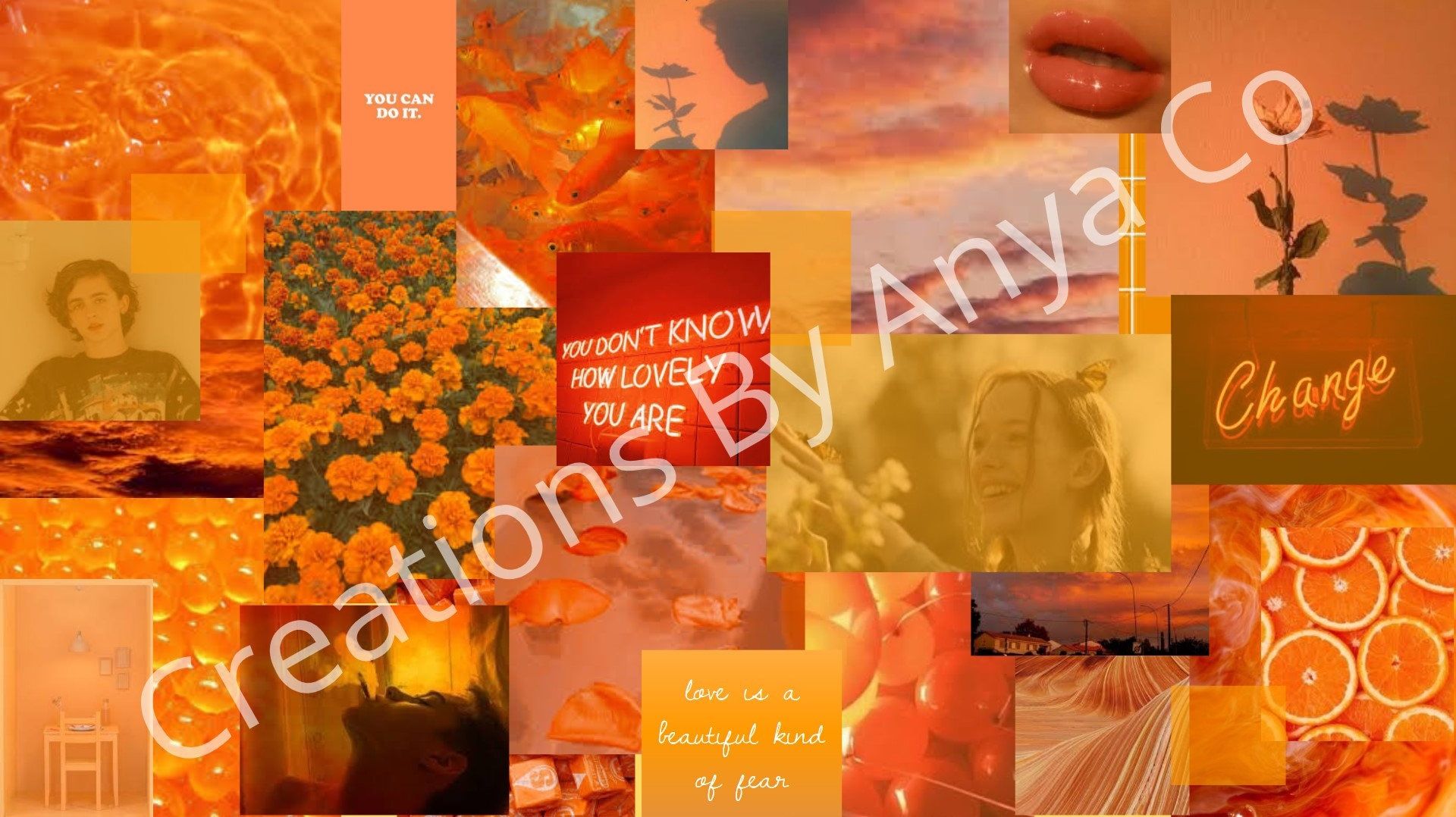 Collage of orange and yellow aesthetic images including flowers, lips, and the words 