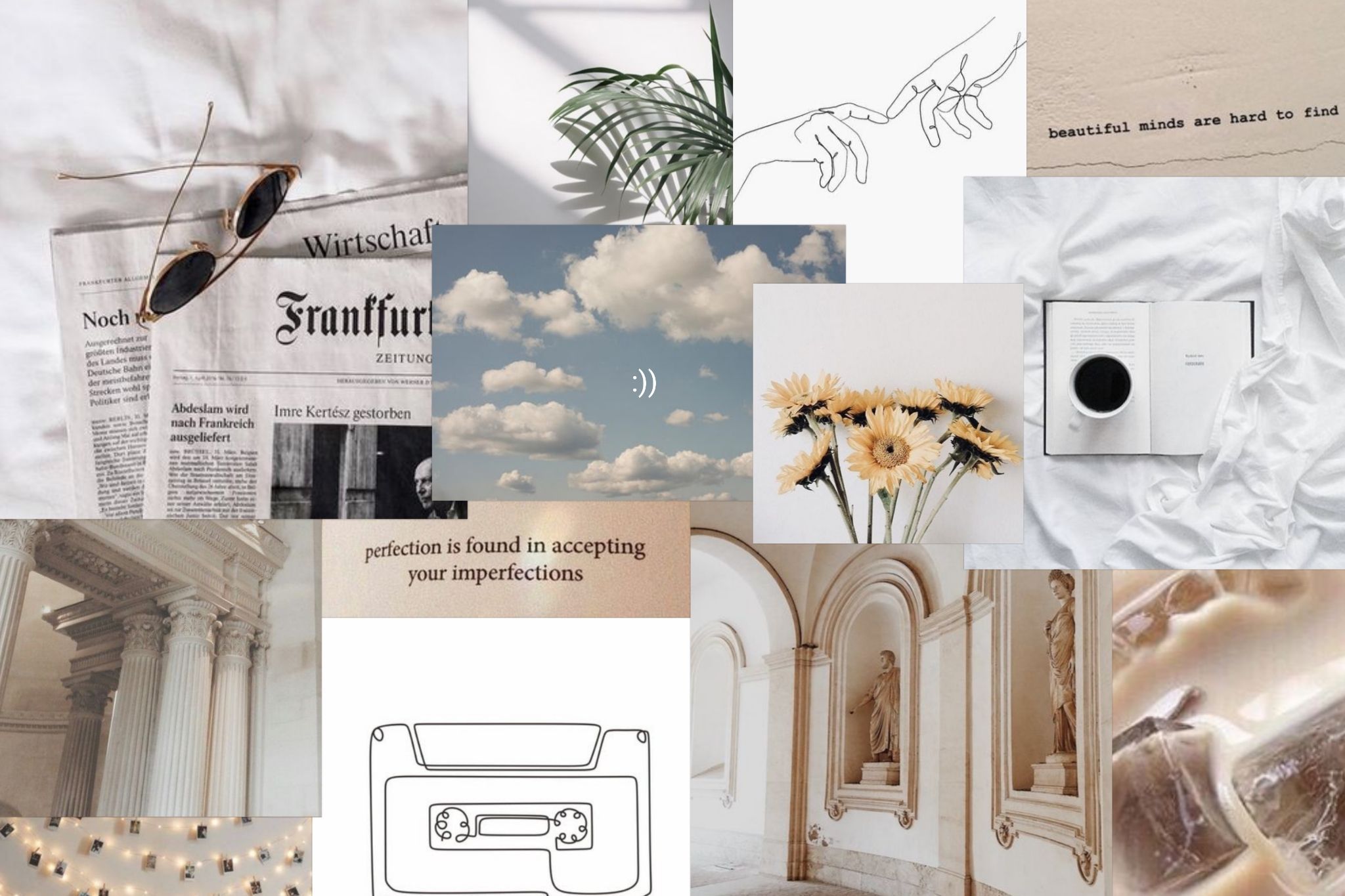 Aesthetic collage with neutral tones, flowers, coffee, and a cassette tape. - MacBook, cream
